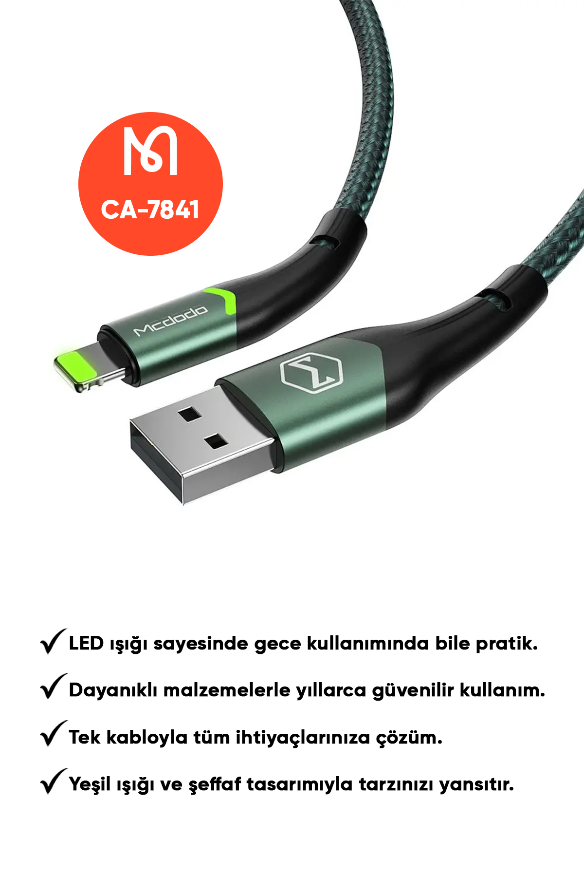 CA-7841 Çift Led Işıklı Usb-A To Lightning Şarj Kablosu 2A 1.2m - Yeşil Afişi