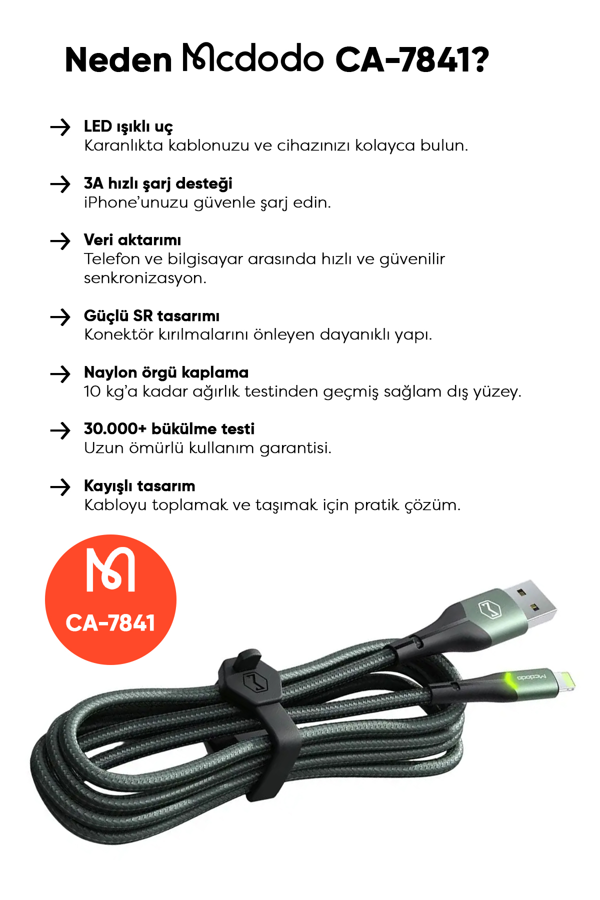 CA-7841 Çift Led Işıklı Usb-A To Lightning Şarj Kablosu 2A 1.2m - Yeşil Afişi