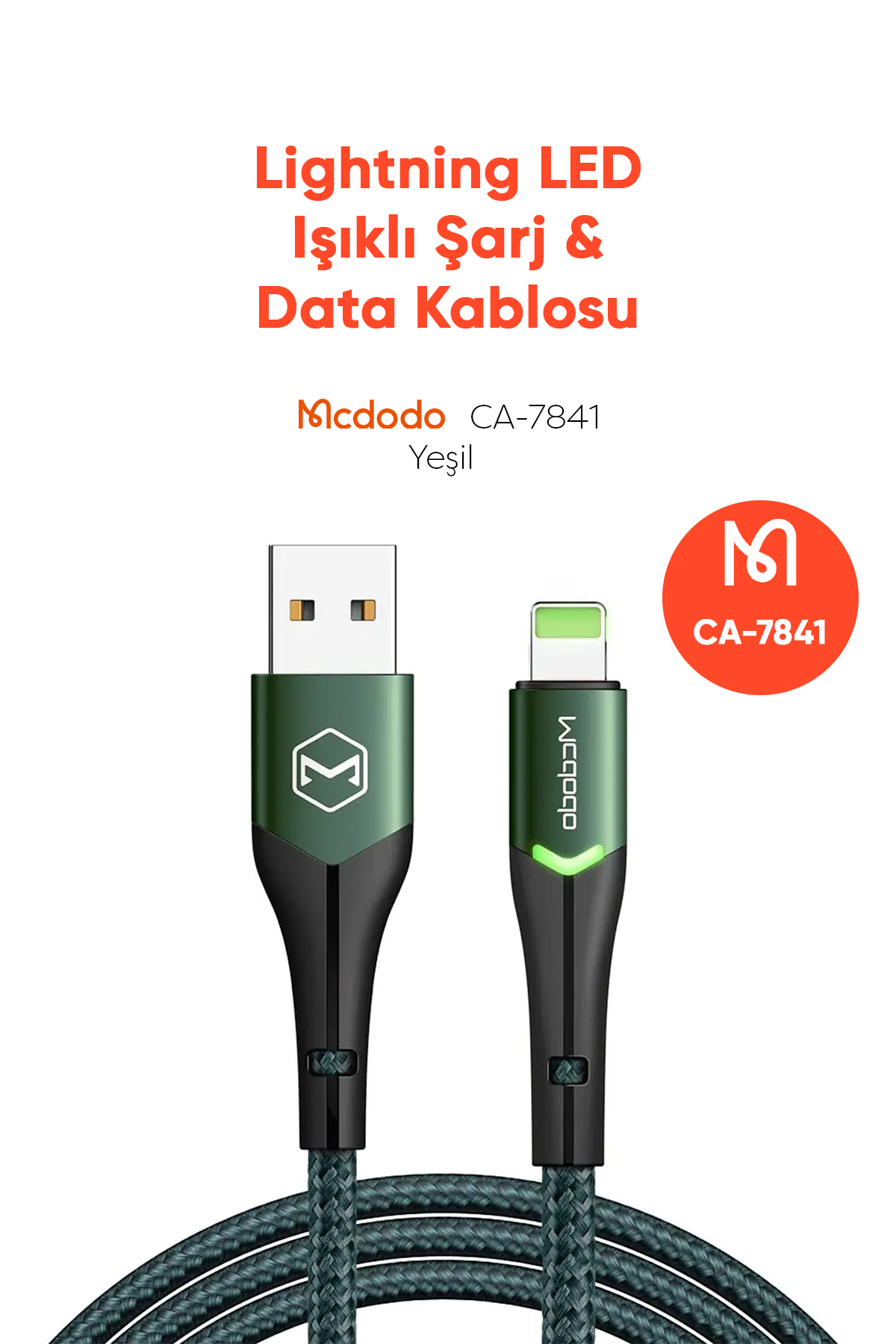 CA-7841 Çift Led Işıklı Usb-A To Lightning Şarj Kablosu 2A 1.2m - Yeşil Afişi