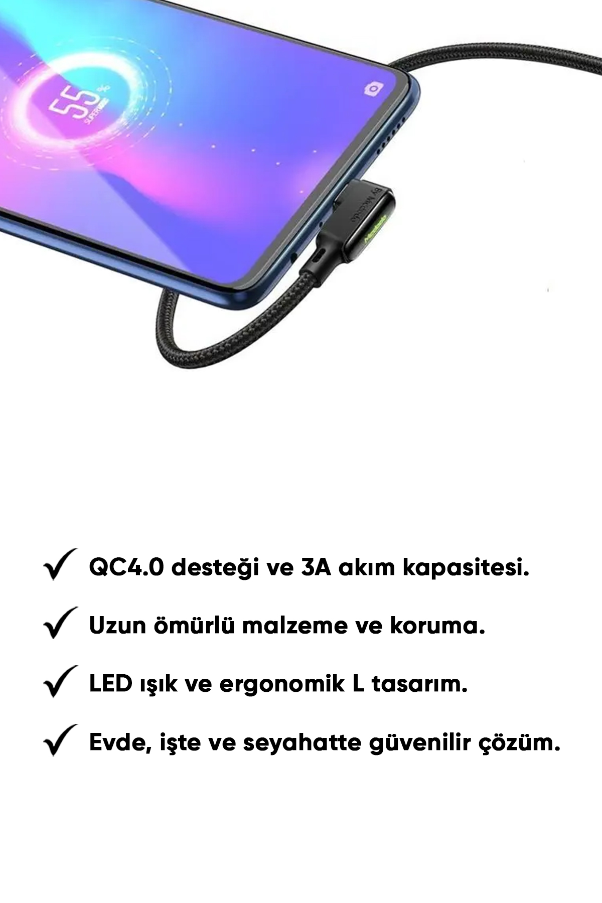 L Tipi Micro Işıklı Data-Şarj Kablosu 3A 1.8M - Siyah Afişi