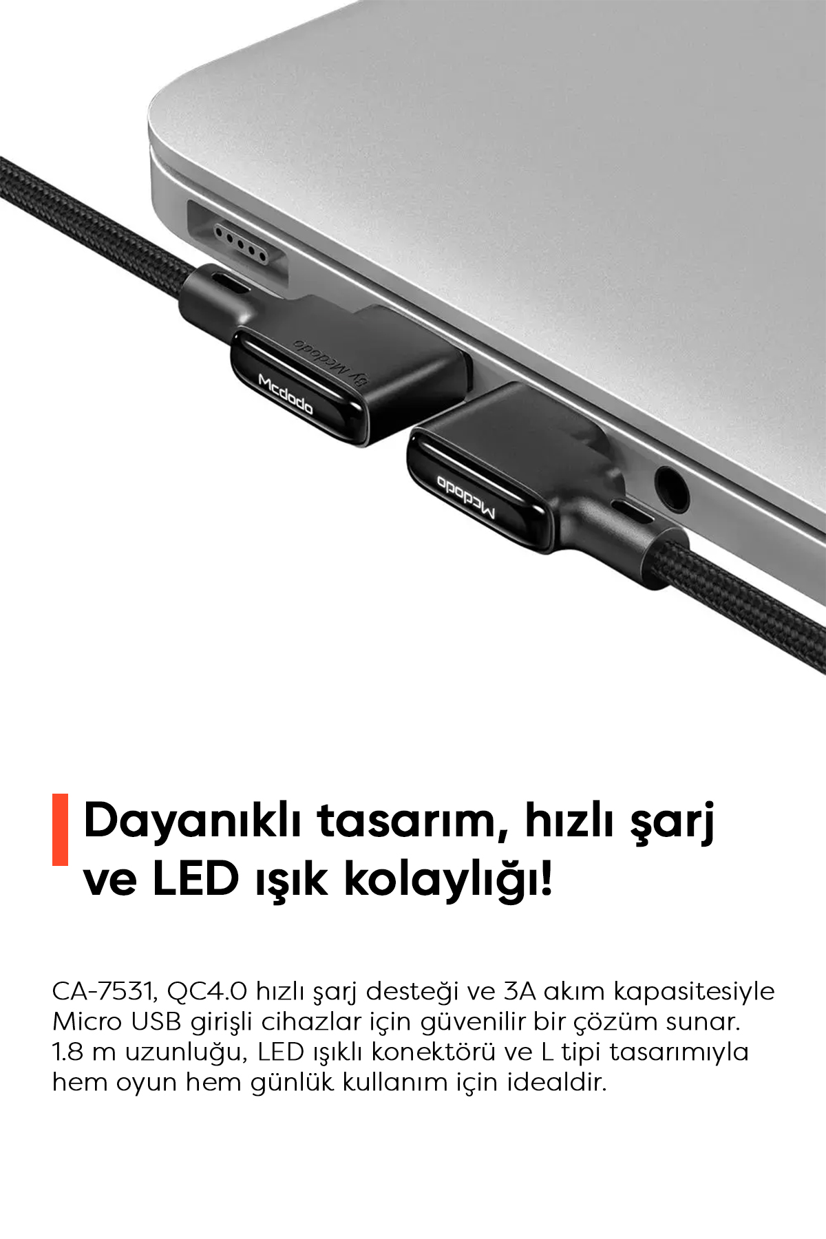 L Tipi Micro Işıklı Data-Şarj Kablosu 3A 1.8M - Siyah Afişi