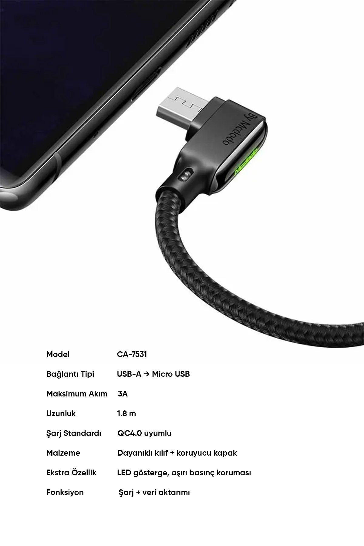 L Tipi Micro Işıklı Data-Şarj Kablosu 3A 1.8M - Siyah Afişi