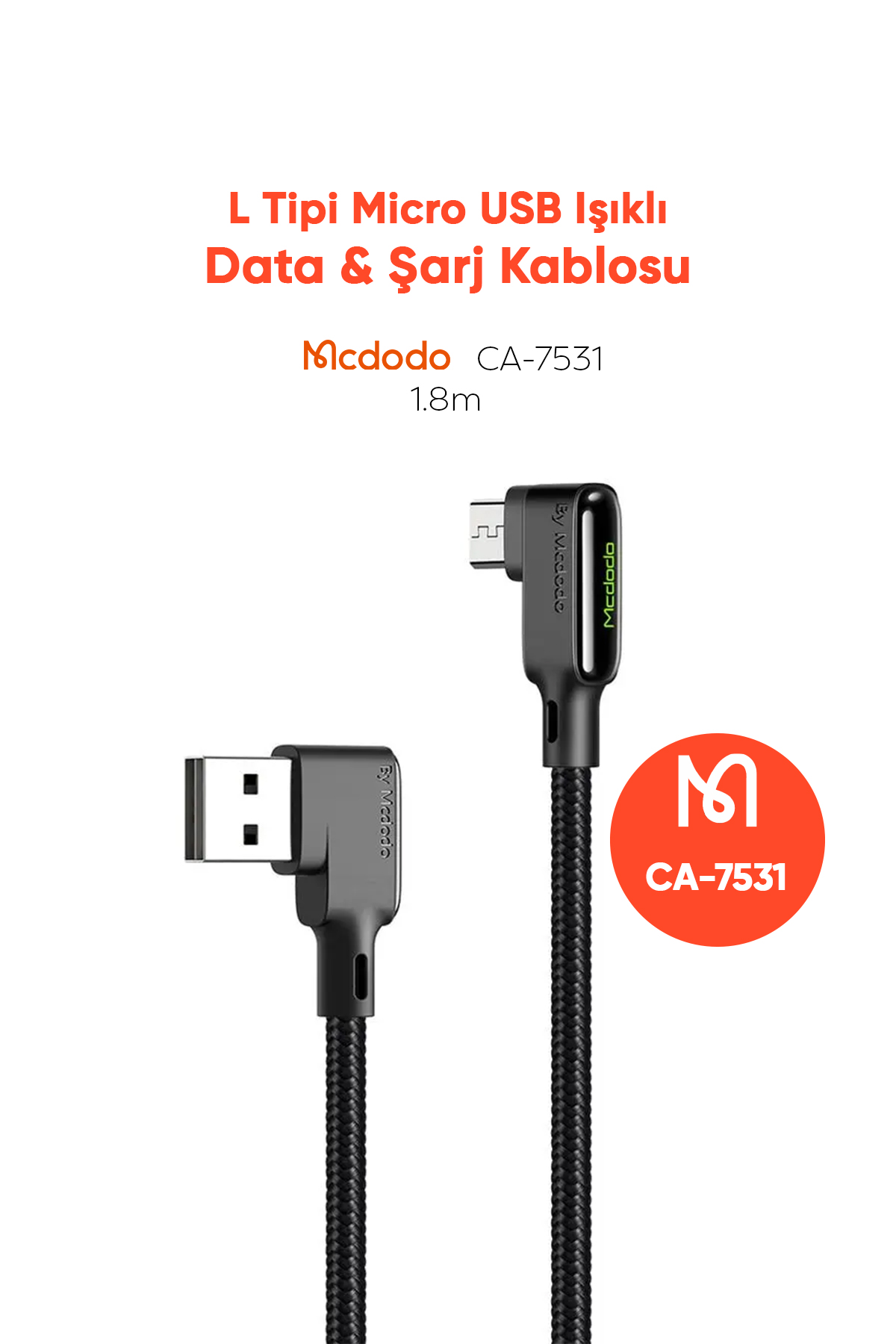 L Tipi Micro Işıklı Data-Şarj Kablosu 3A 1.8M - Siyah Afişi