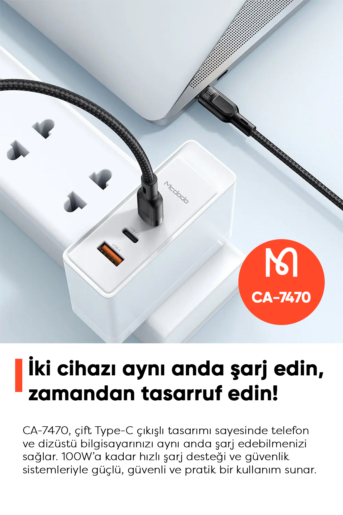 CA-7470 2in1 100W PD Type-C To Dual Type-C Ledli Data-Şarj Kablosu 1.2M-Siyah Afişi