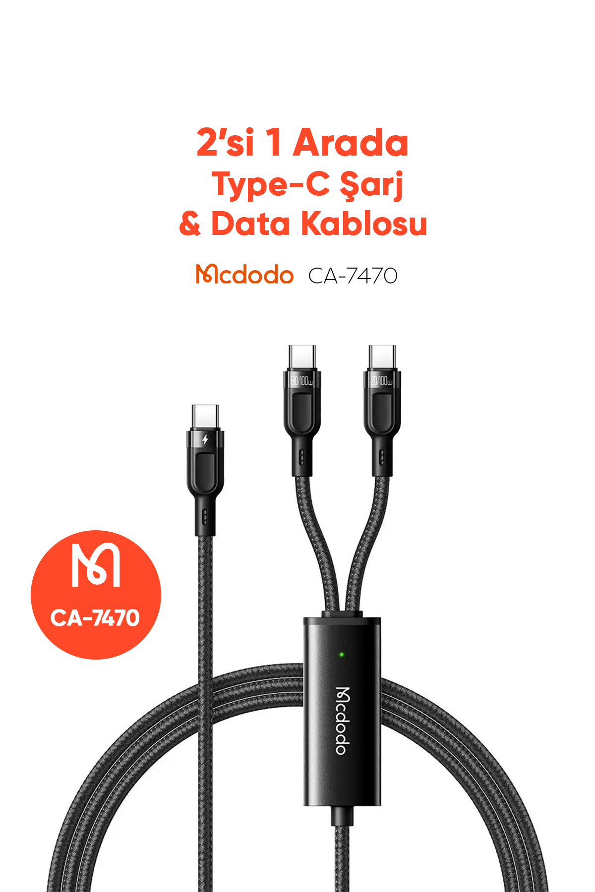 CA-7470 2in1 100W PD Type-C To Dual Type-C Ledli Data-Şarj Kablosu 1.2M-Siyah Afişi