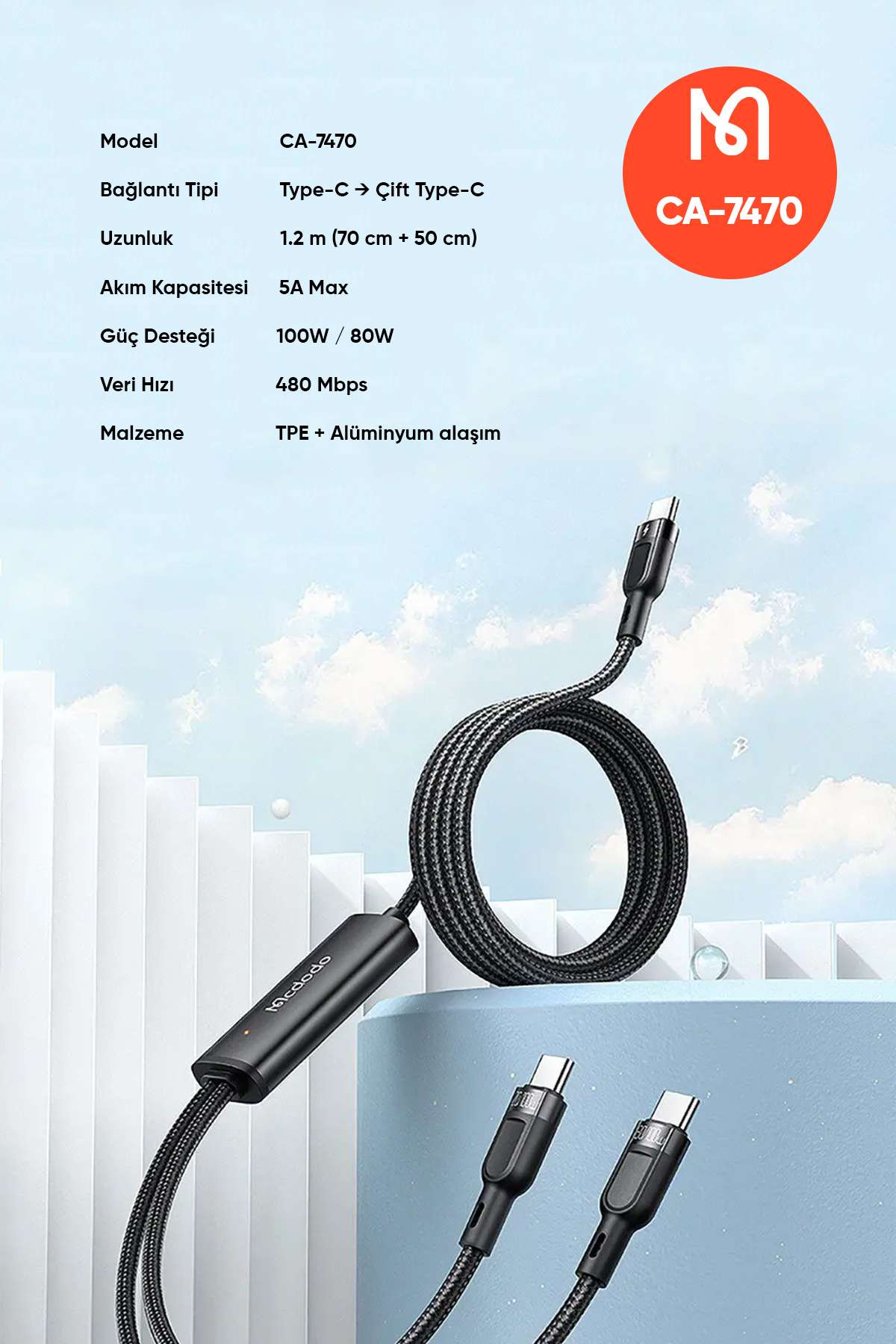 CA-7470 2in1 100W PD Type-C To Dual Type-C Ledli Data-Şarj Kablosu 1.2M-Siyah Afişi