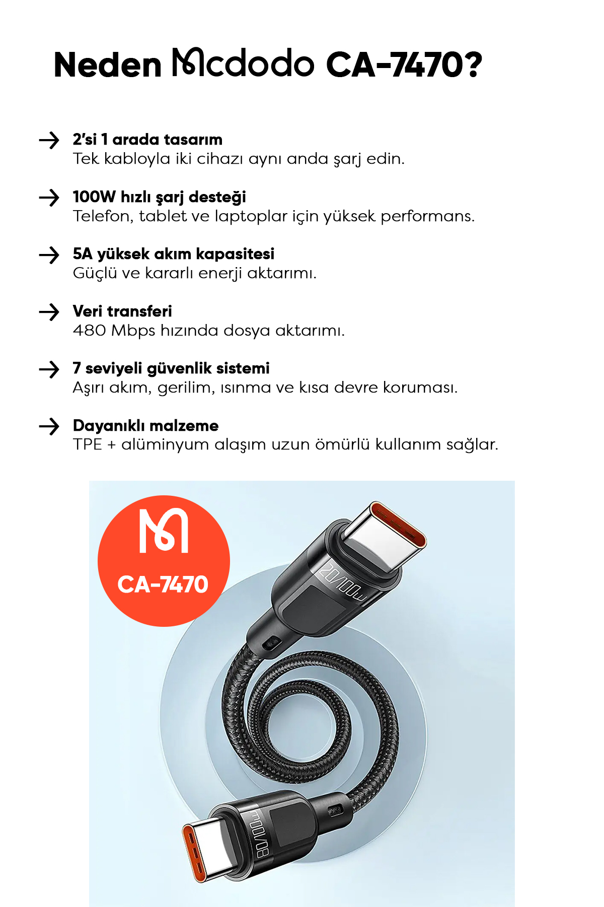 CA-7470 2in1 100W PD Type-C To Dual Type-C Ledli Data-Şarj Kablosu 1.2M-Siyah Afişi