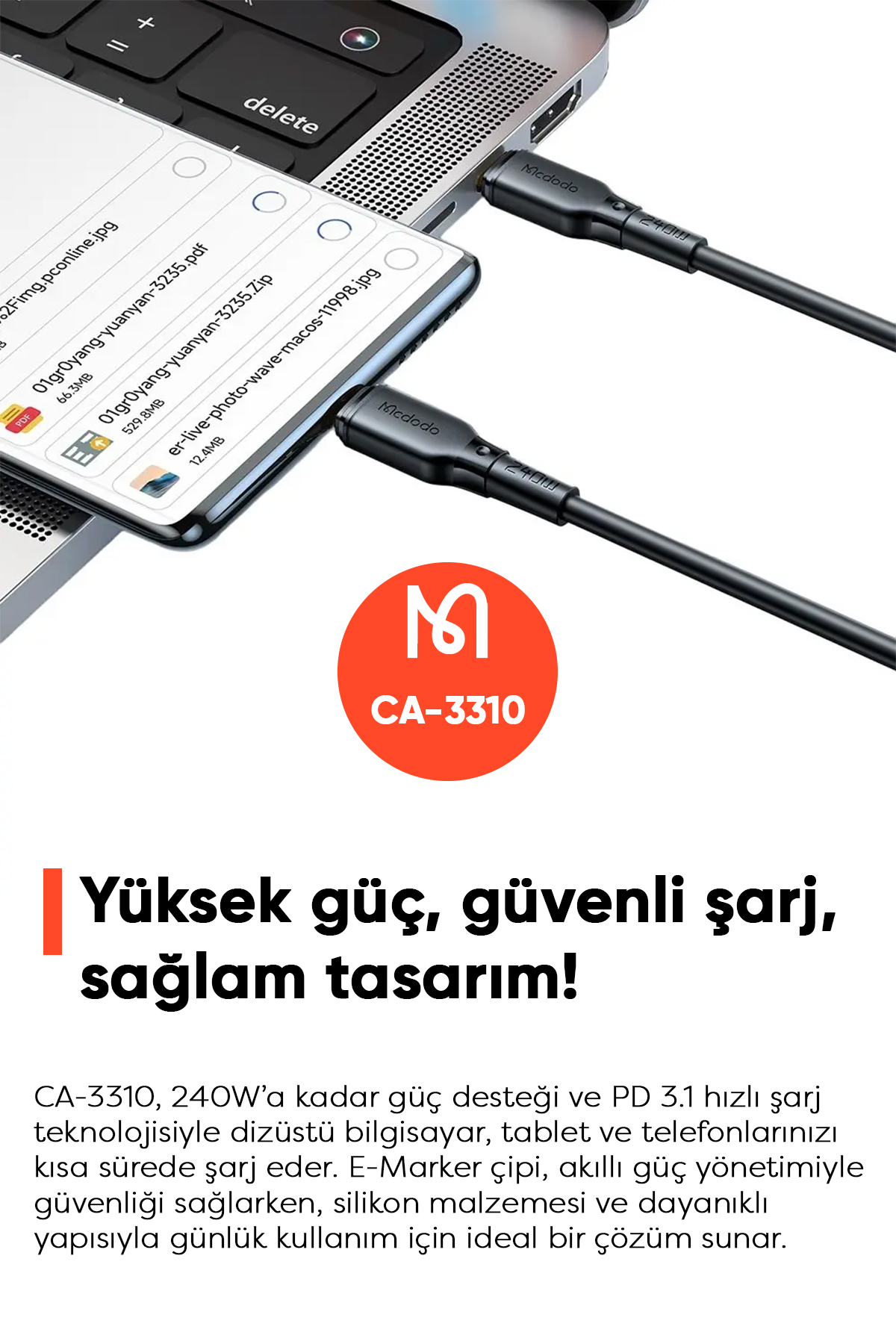 CA-3310 Type-C TO Type-C 240W Hızlı Data Ve Şarj Kablosu 1.2M - Siyah Afişi