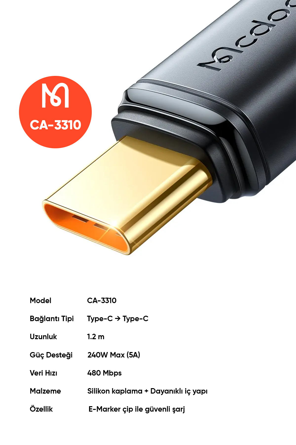 CA-3310 Type-C TO Type-C 240W Hızlı Data Ve Şarj Kablosu 1.2M - Siyah Afişi
