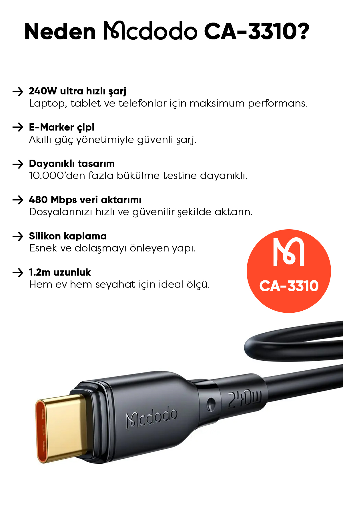 CA-3310 Type-C TO Type-C 240W Hızlı Data Ve Şarj Kablosu 1.2M - Siyah Afişi