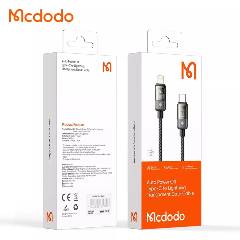MCDODO CA-3160 Type-C To Lightning 36W Led Göstergeli Data/Şarj Kablosu 1.2m - Siyah