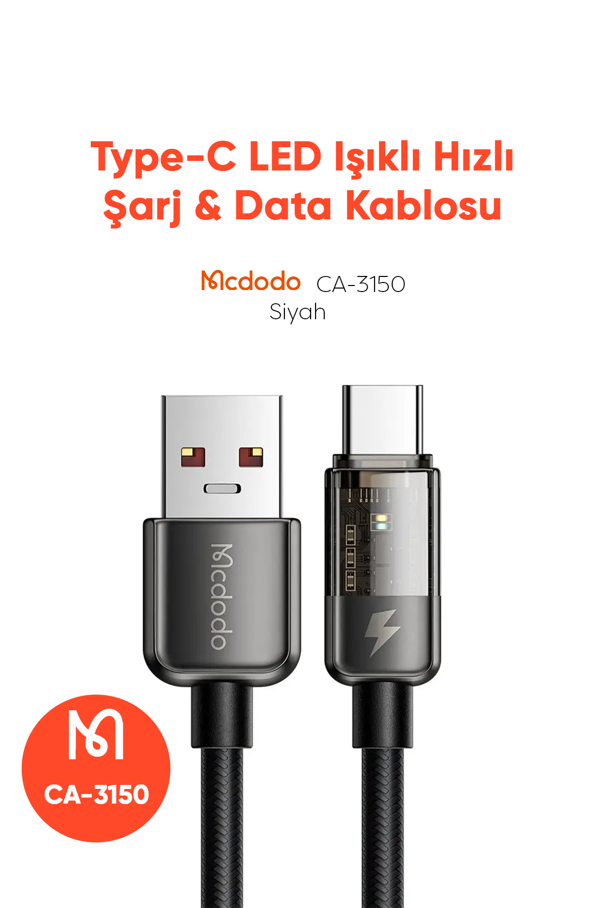 CA-3150 Usb-A To Type-C 100W Led Işıklı Power Off Süper Hızlı Data/Şarj Kablosu 1.2m - Siyah Afişi