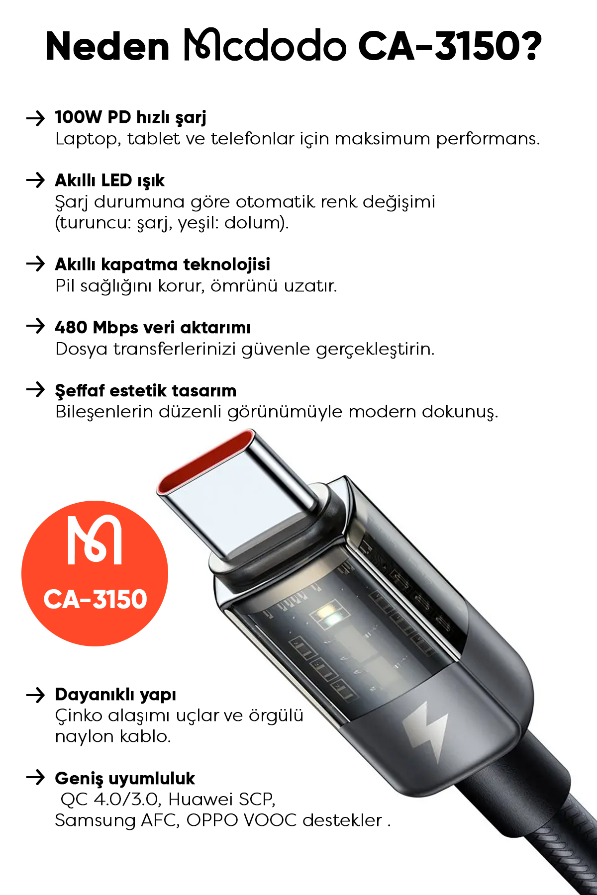 CA-3150 Usb-A To Type-C 100W Led Işıklı Power Off Süper Hızlı Data/Şarj Kablosu 1.2m - Siyah Afişi