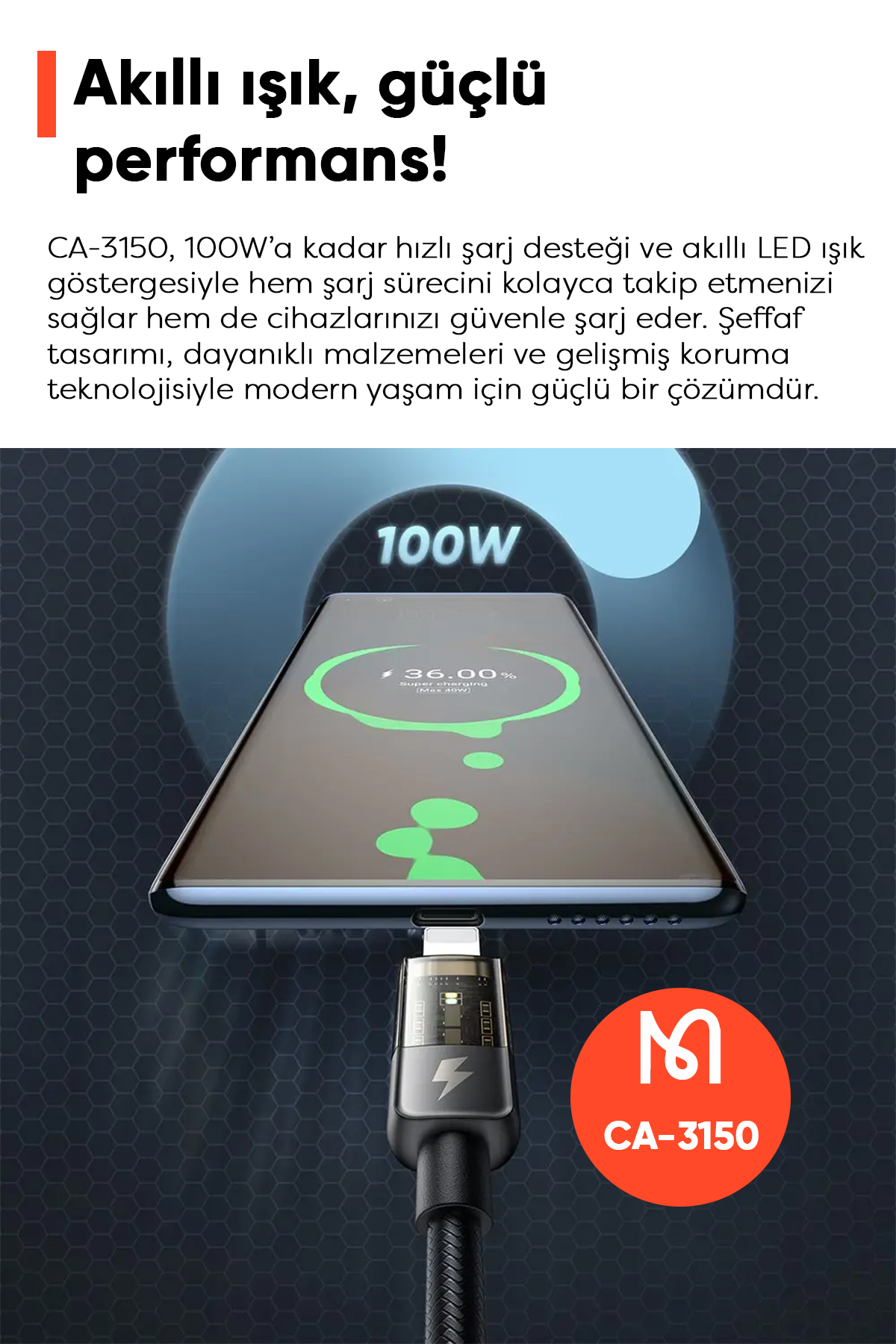 CA-3150 Usb-A To Type-C 100W Led Işıklı Power Off Süper Hızlı Data/Şarj Kablosu 1.2m - Siyah Afişi