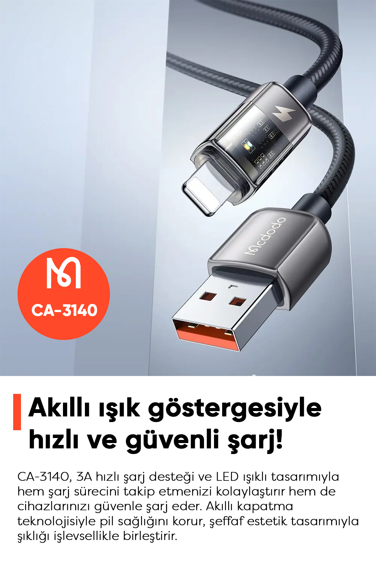 CA-3140 USB-A TO Lightning Led Işıklı Power Off 3A Hızlı Data/Şarj Kablosu 1.2m - Siyah Afişi
