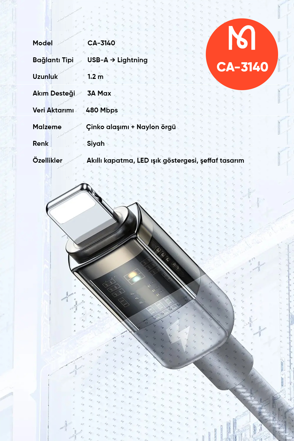 CA-3140 USB-A TO Lightning Led Işıklı Power Off 3A Hızlı Data/Şarj Kablosu 1.2m - Siyah Afişi