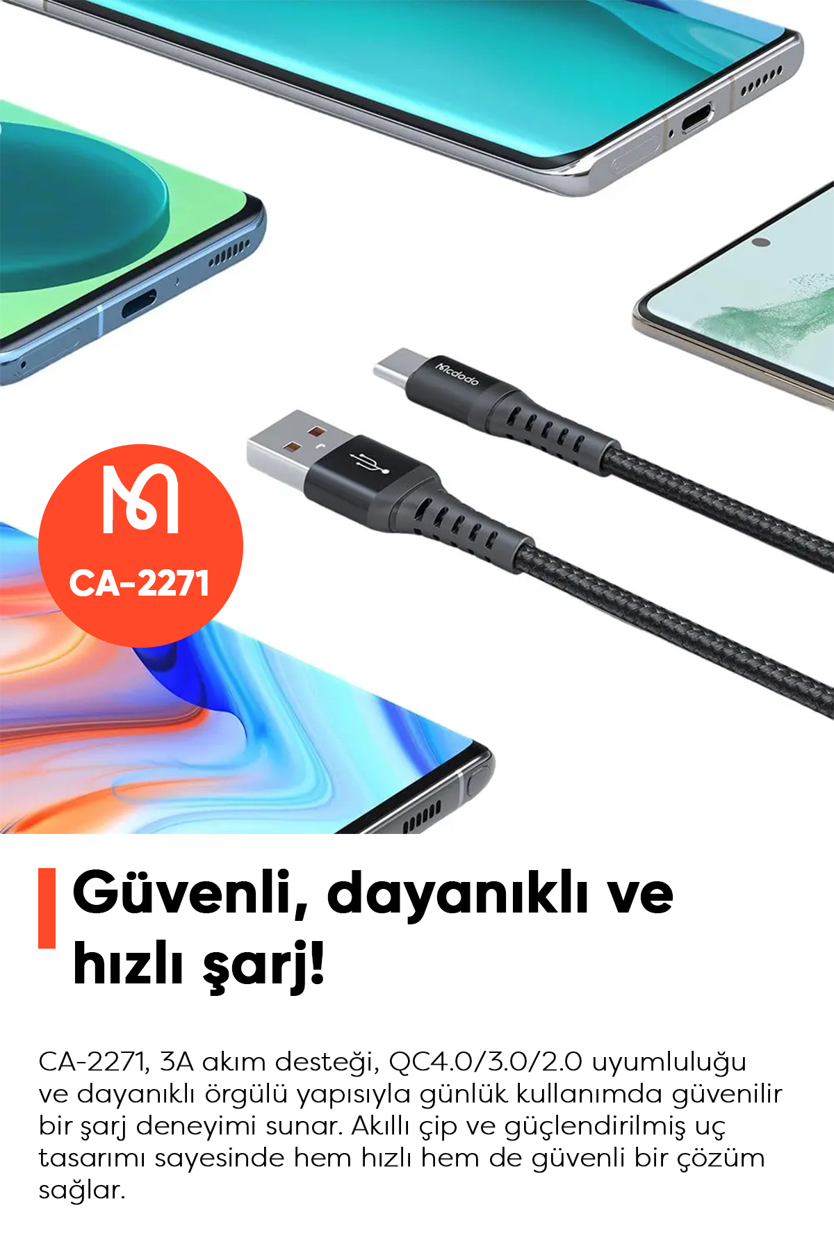 CA-2271 USB-A TO Type-C Q.C 4.0 Hızlı Data-Şarj Kablosu 1M - Siyah Afişi