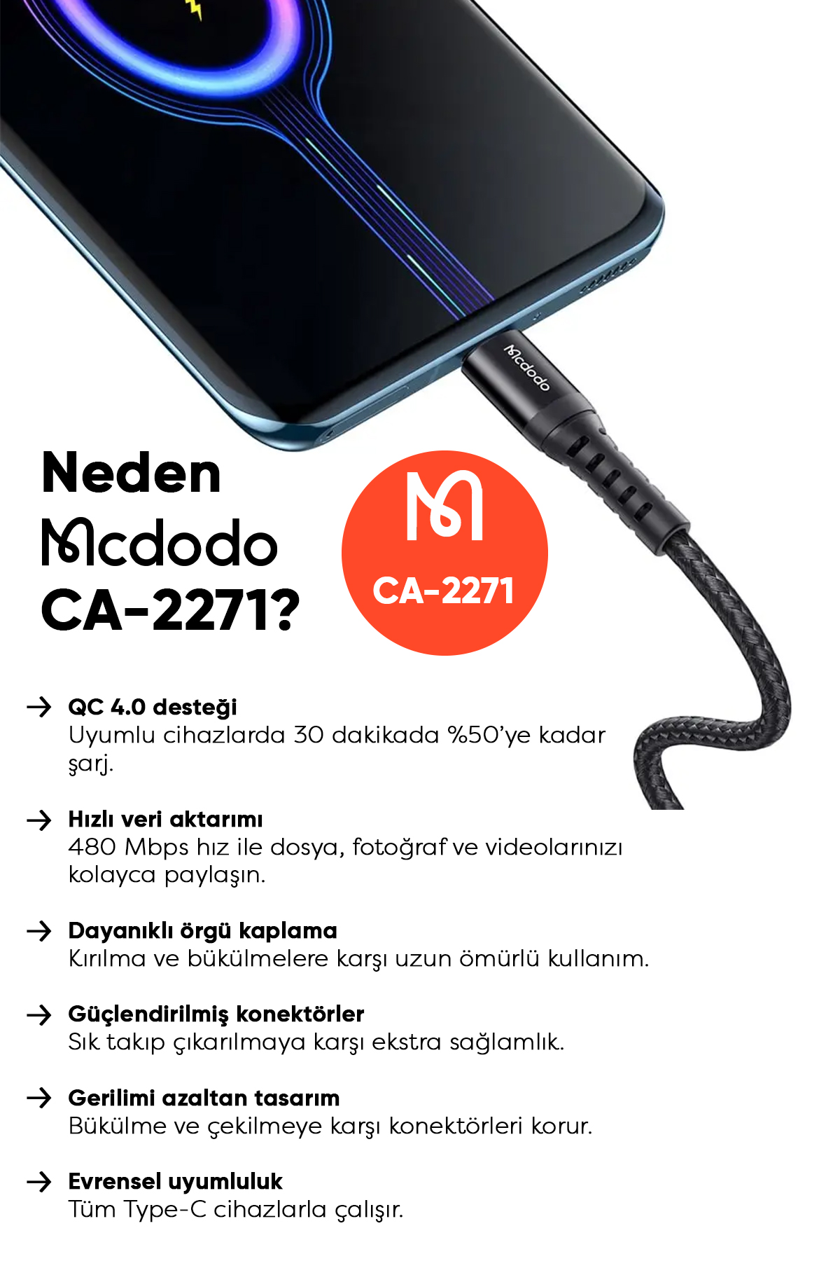 CA-2271 USB-A TO Type-C Q.C 4.0 Hızlı Data-Şarj Kablosu 1M - Siyah Afişi
