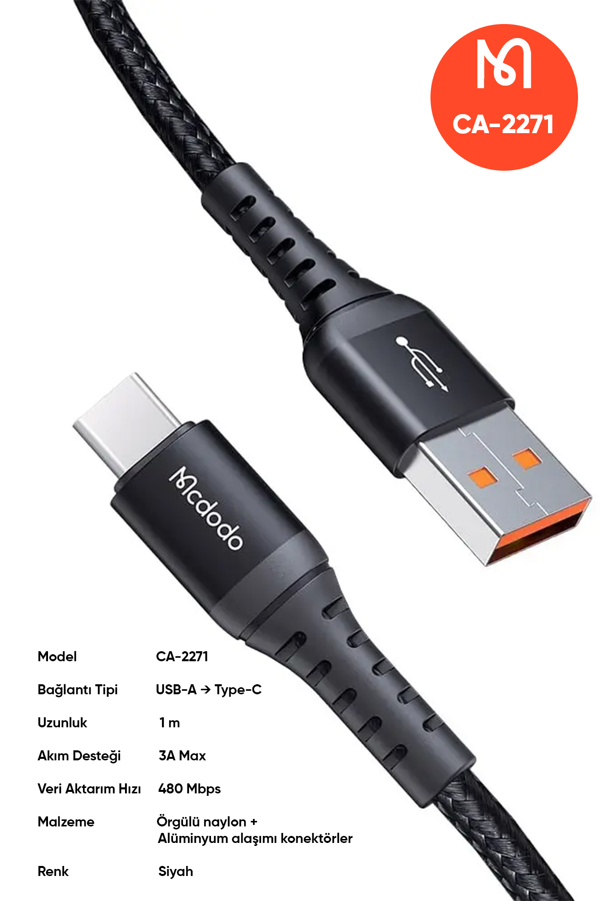 CA-2271 USB-A TO Type-C Q.C 4.0 Hızlı Data-Şarj Kablosu 1M - Siyah Afişi