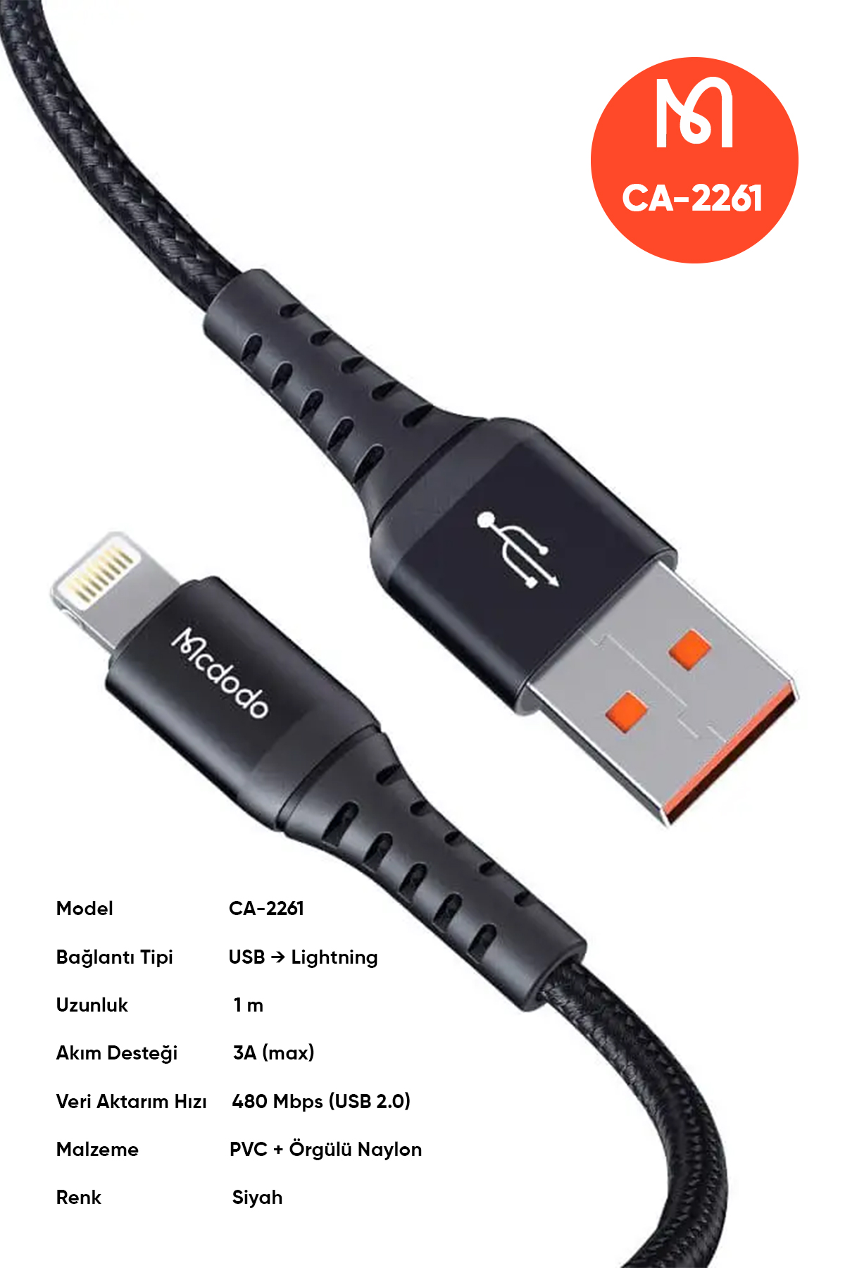 CA-2261 USB-A TO Lightning Data-Şarj Kablosu 3A 1m - Siyah Afişi