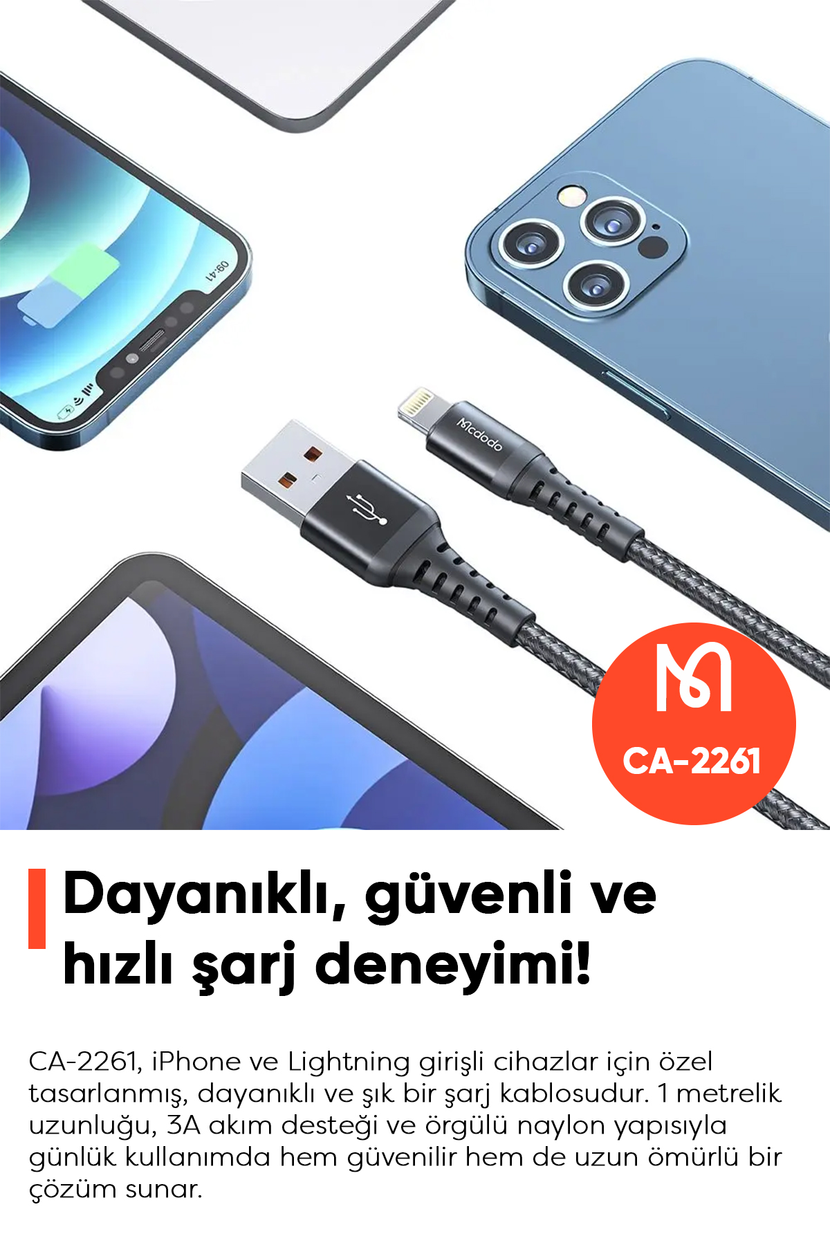 CA-2261 USB-A TO Lightning Data-Şarj Kablosu 3A 1m - Siyah Afişi