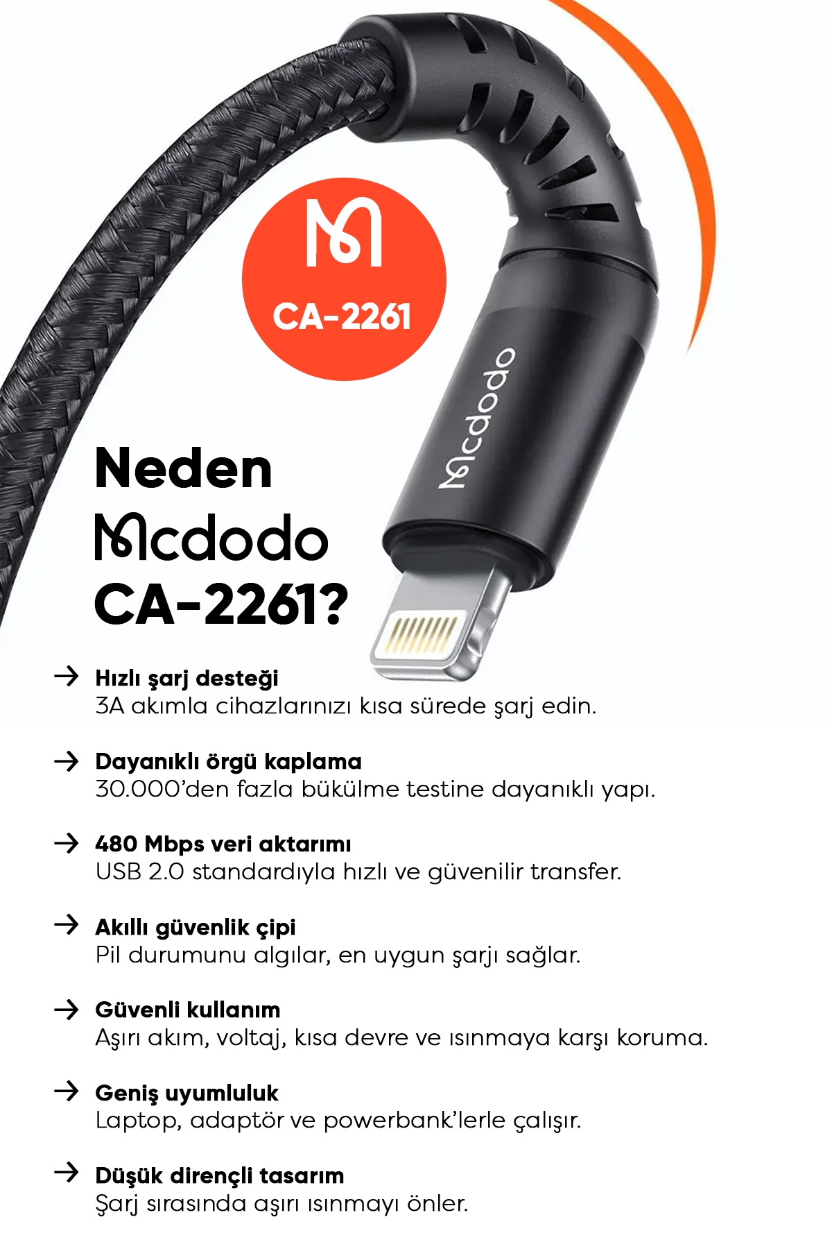 CA-2261 USB-A TO Lightning Data-Şarj Kablosu 3A 1m - Siyah Afişi