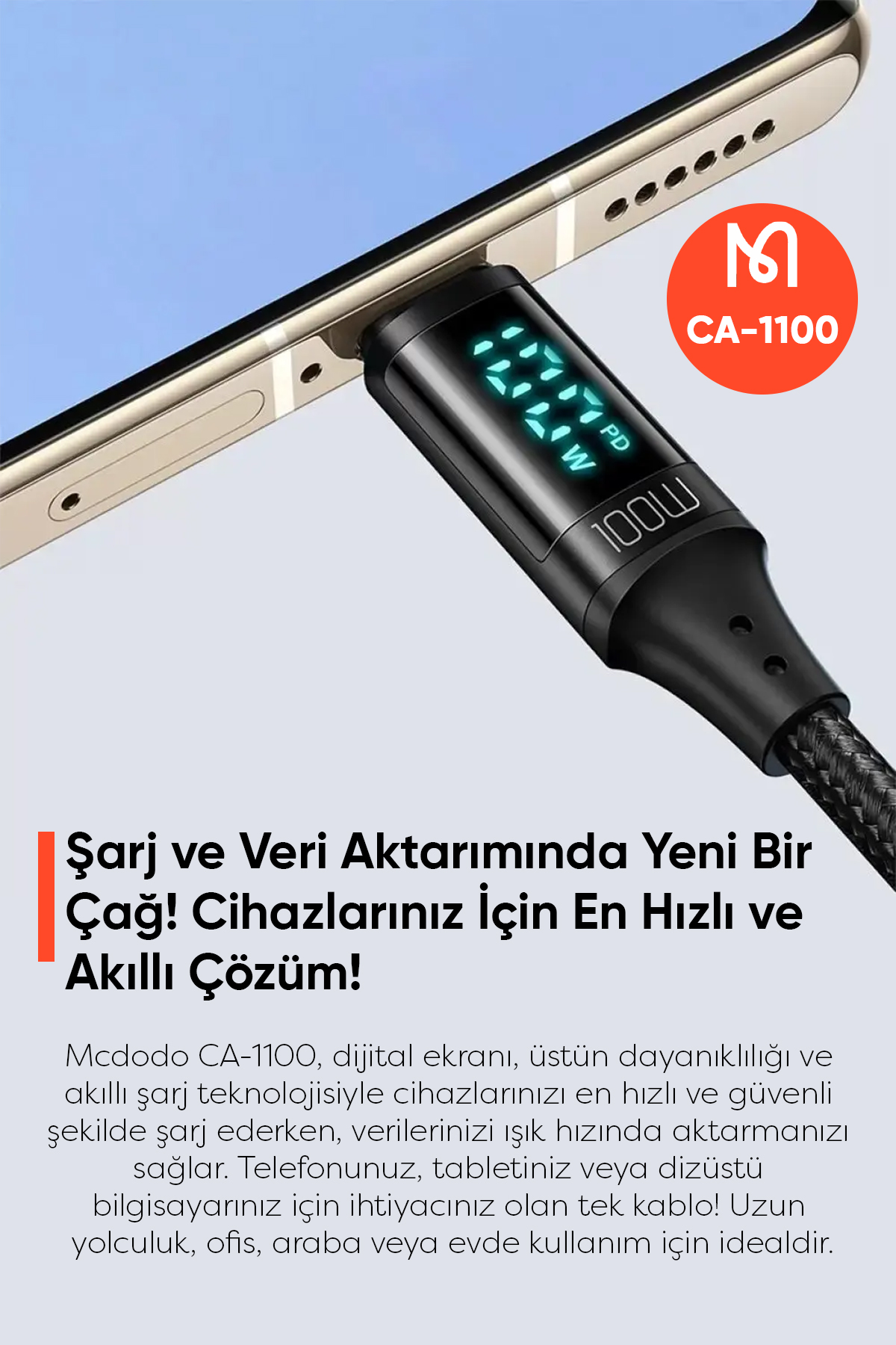 CA-1100 100W TYPE-C TO TYPE-C DİJİTAL GÖSTERGELİ DATA-ŞARJ KABLOSU 5A 1.2M Afişi