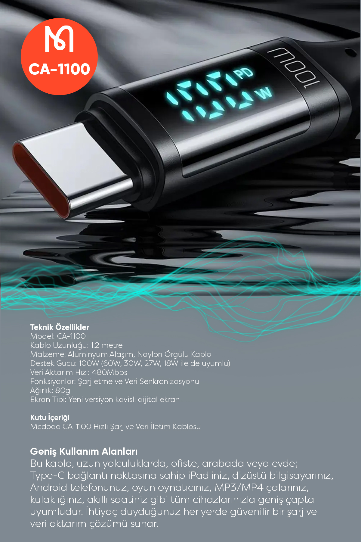 CA-1100 100W TYPE-C TO TYPE-C DİJİTAL GÖSTERGELİ DATA-ŞARJ KABLOSU 5A 1.2M Afişi