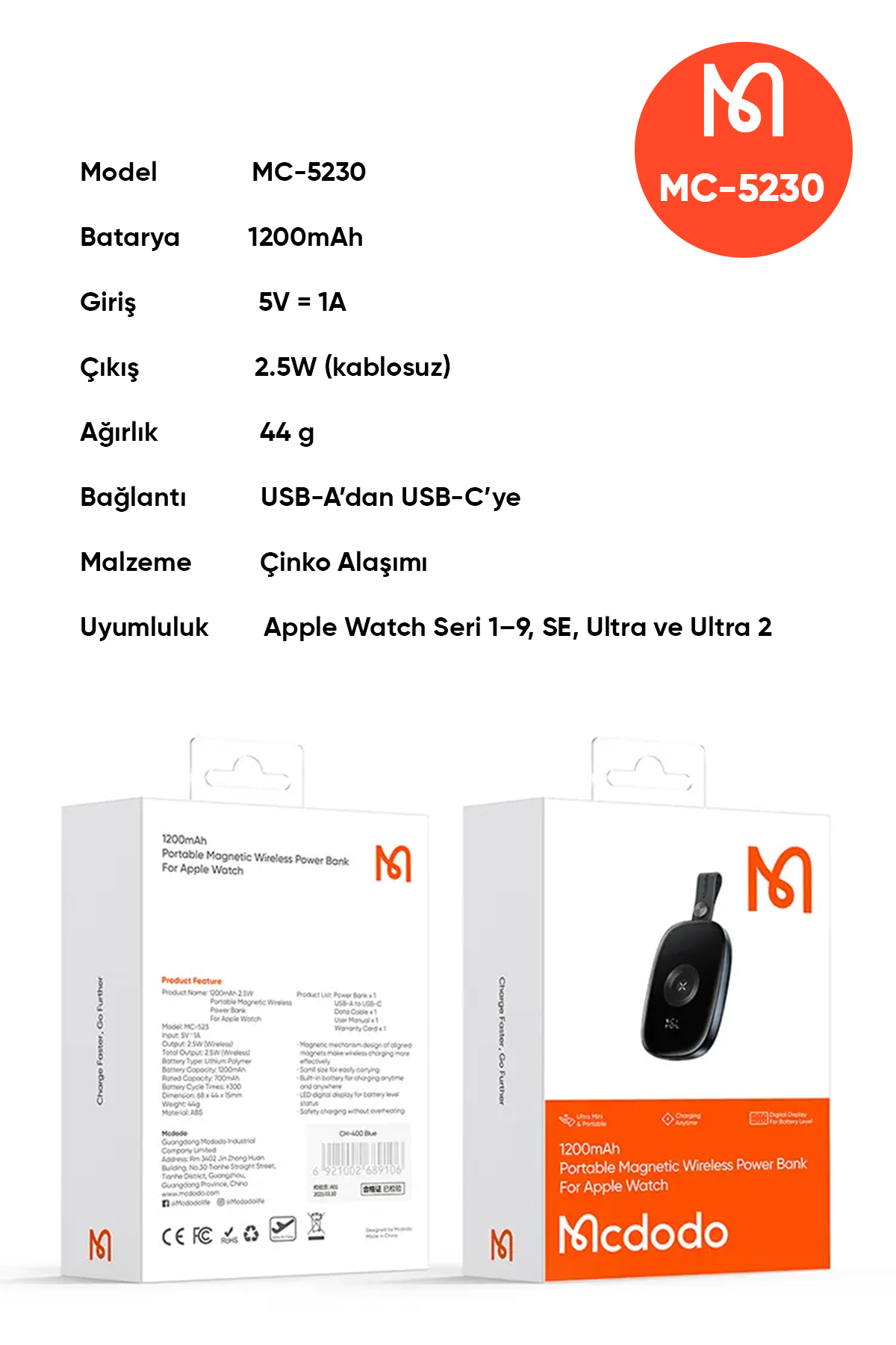 MC-5230 1200 Mah 2.5 W Apple Watch İçin Taşınabilir Dijital Manyetik Kablosuz Şarj Aleti Afişi