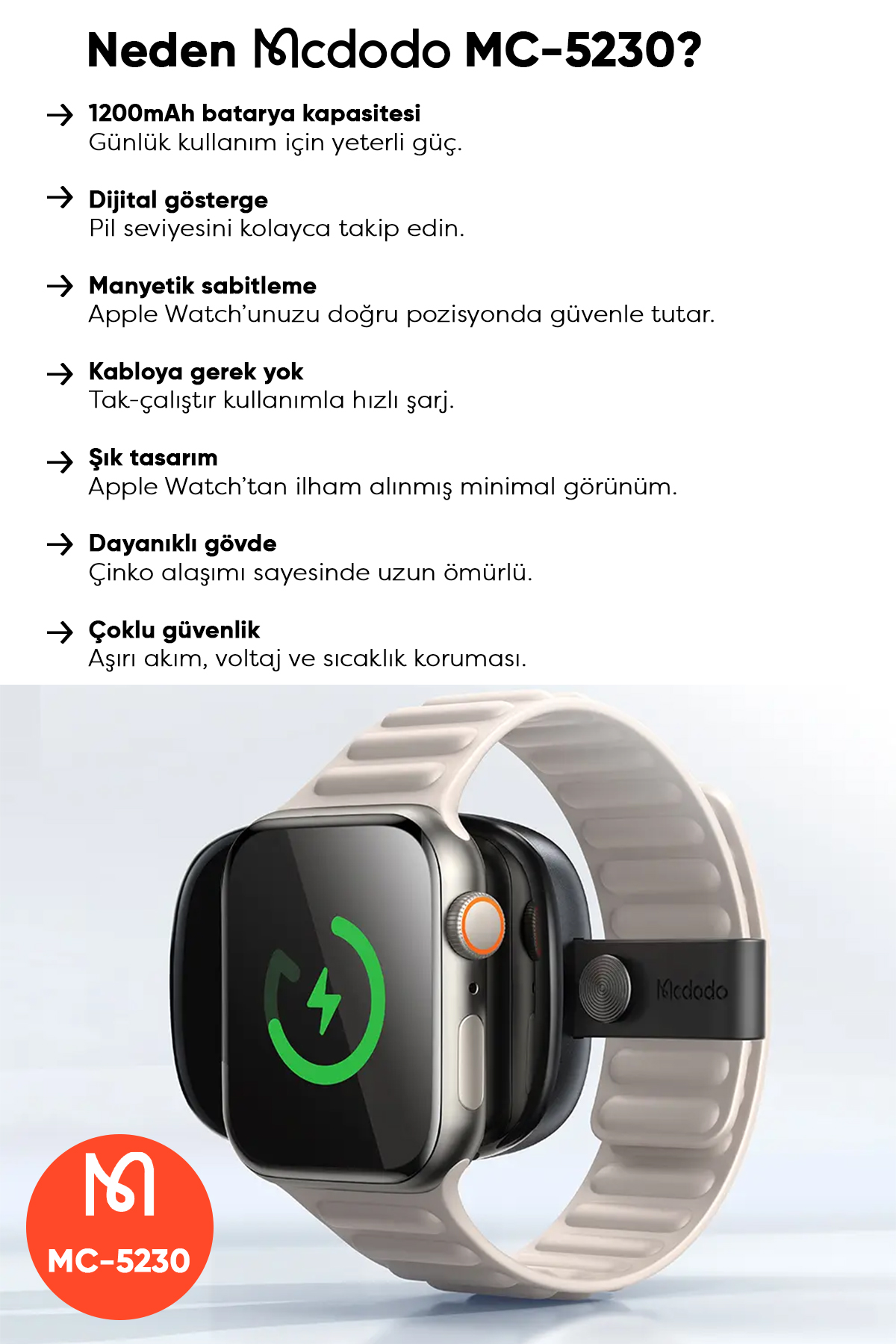 MC-5230 1200 Mah 2.5 W Apple Watch İçin Taşınabilir Dijital Manyetik Kablosuz Şarj Aleti Afişi