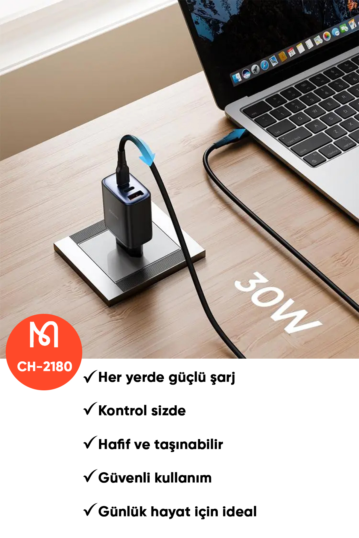CH-2180 30W 2 TYPE-C 1 USB-A GİRİŞLİ DİGİTAL GÖSTERGELİ HIZLI ŞARJ ALETİ- SİYAH Afişi