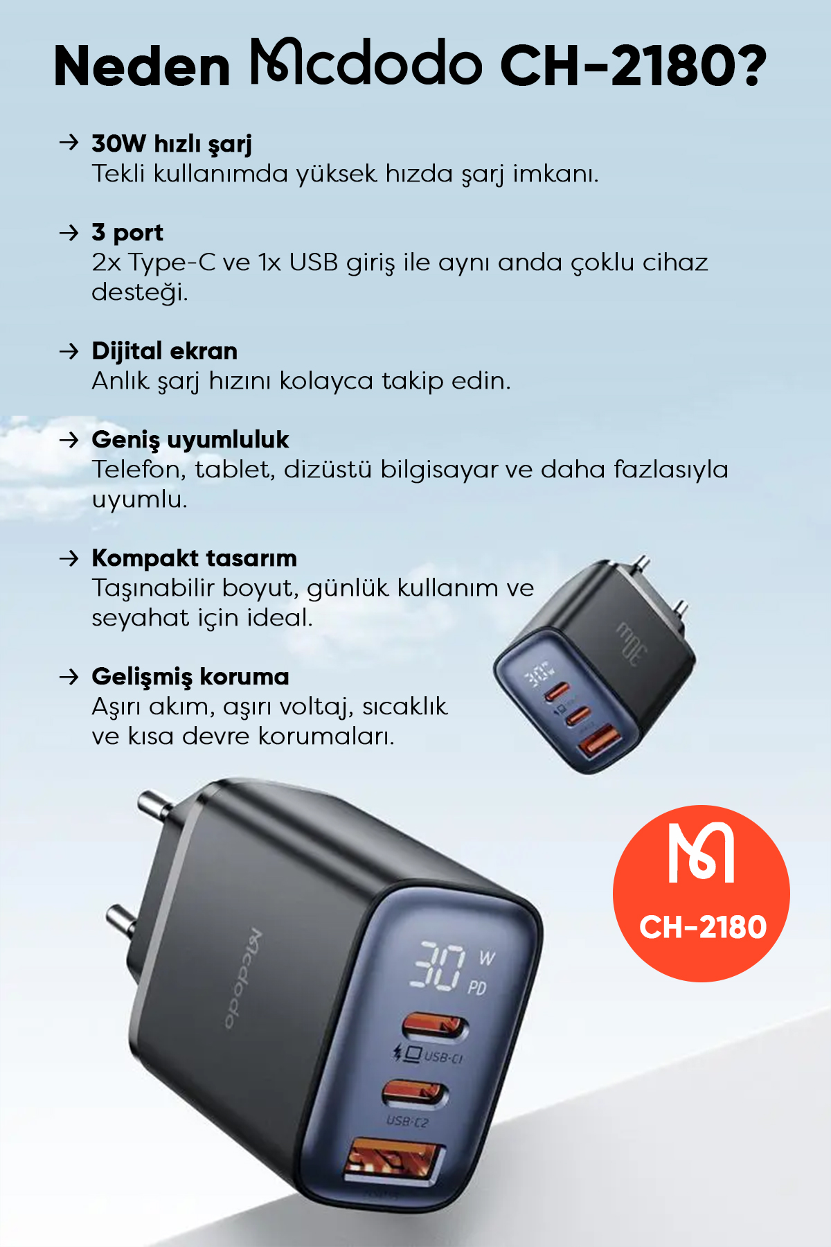 CH-2180 30W 2 TYPE-C 1 USB-A GİRİŞLİ DİGİTAL GÖSTERGELİ HIZLI ŞARJ ALETİ- SİYAH Afişi