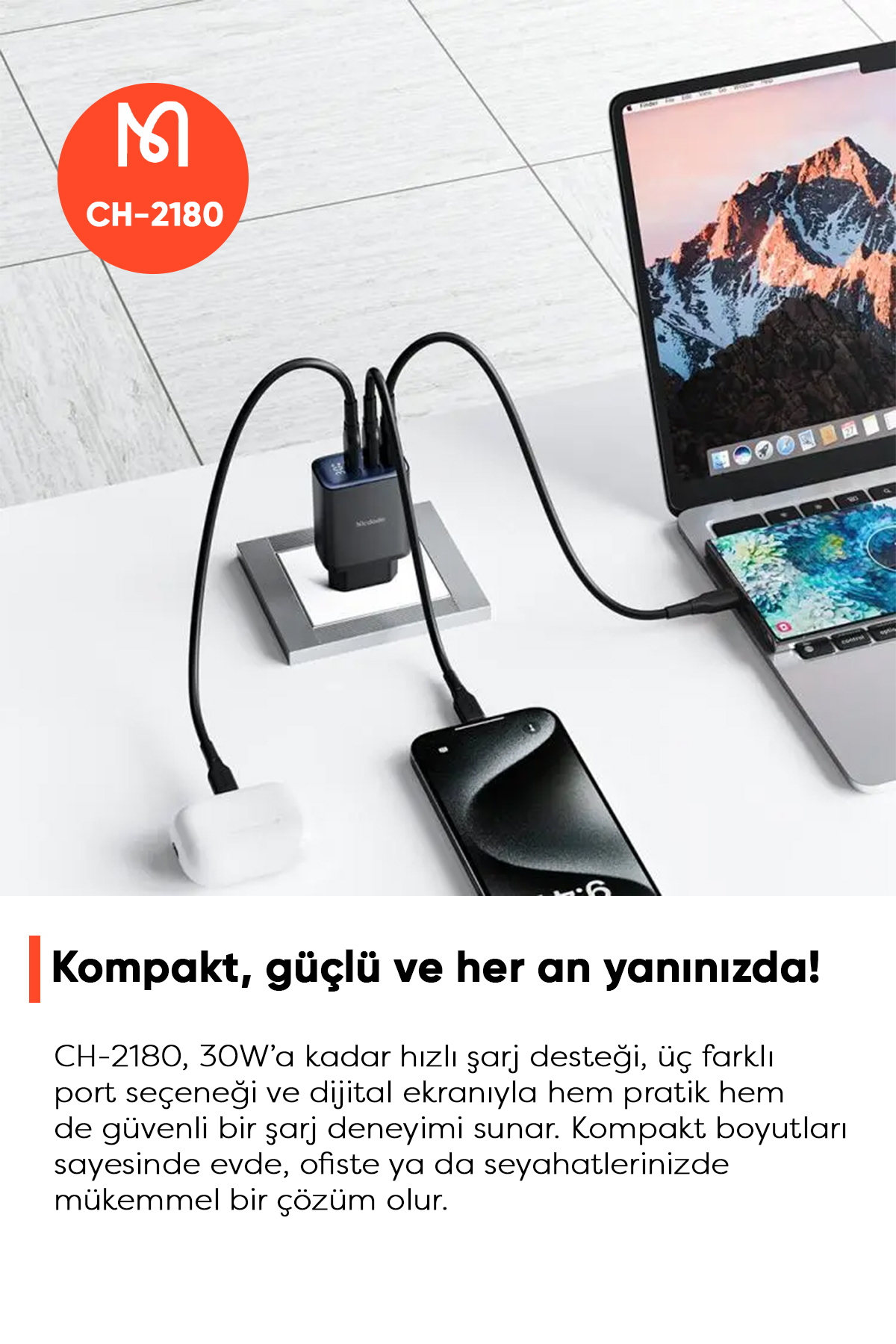 CH-2180 30W 2 TYPE-C 1 USB-A GİRİŞLİ DİGİTAL GÖSTERGELİ HIZLI ŞARJ ALETİ- SİYAH Afişi