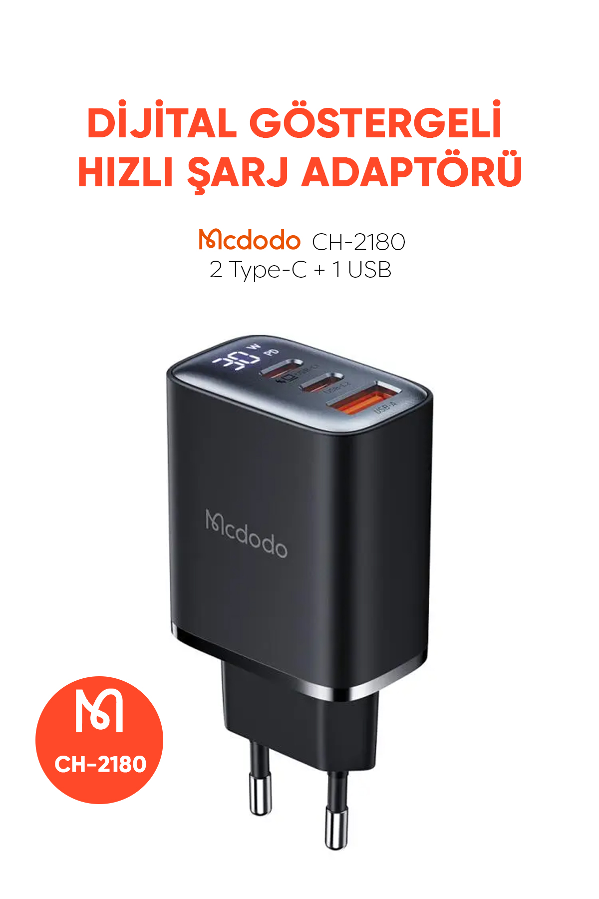 CH-2180 30W 2 TYPE-C 1 USB-A GİRİŞLİ DİGİTAL GÖSTERGELİ HIZLI ŞARJ ALETİ- SİYAH Afişi