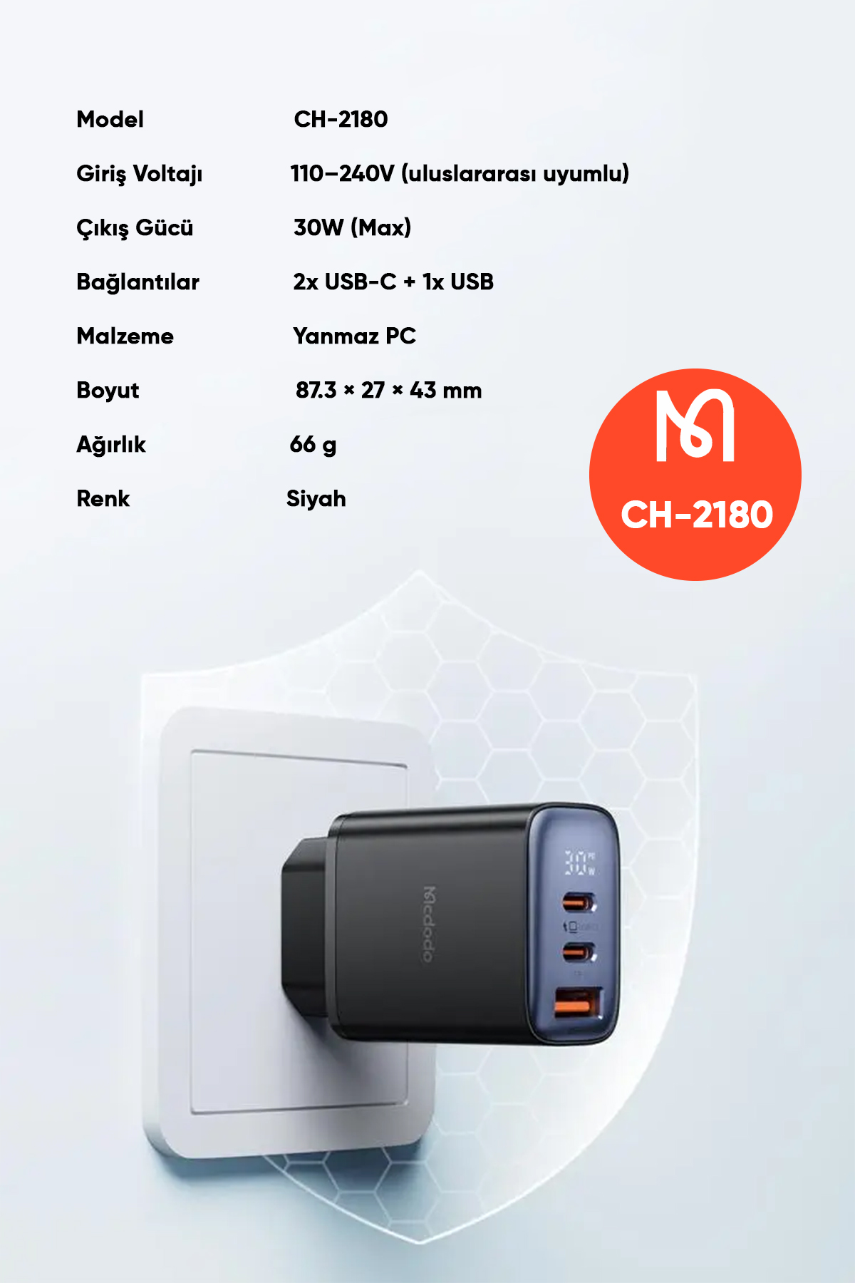 CH-2180 30W 2 TYPE-C 1 USB-A GİRİŞLİ DİGİTAL GÖSTERGELİ HIZLI ŞARJ ALETİ- SİYAH Afişi