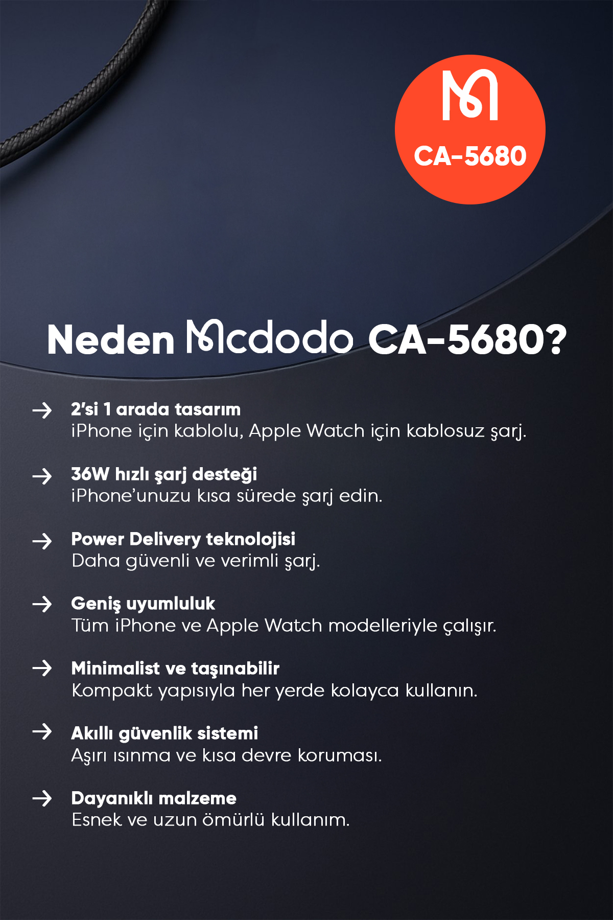 CA-5680 36W  1 LİGHTNİNG VE 1 WATCH KABLOSUZ ŞARJ KABLOSU- SİYAH Afişi