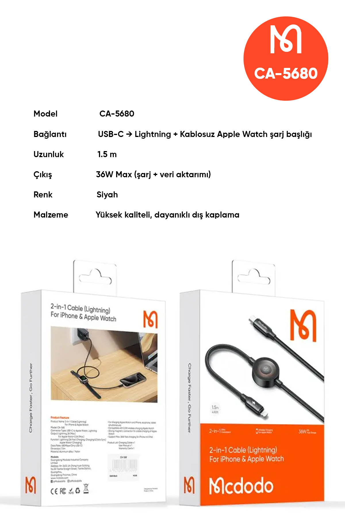 CA-5680 36W  1 LİGHTNİNG VE 1 WATCH KABLOSUZ ŞARJ KABLOSU- SİYAH Afişi