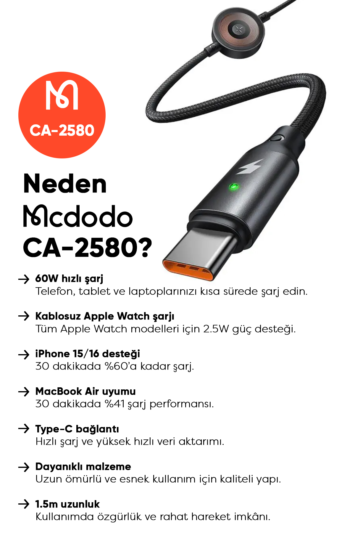 CA-2580 60W 1 TYPE-C VE 1 WATCH KABLOSUZ ŞARJ KABLOSU- SİYAH Afişi