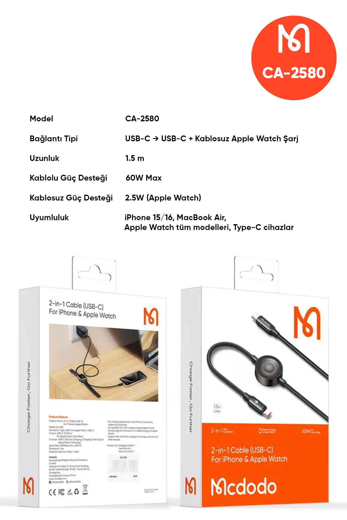 CA-2580 60W 1 TYPE-C VE 1 WATCH KABLOSUZ ŞARJ KABLOSU- SİYAH Afişi