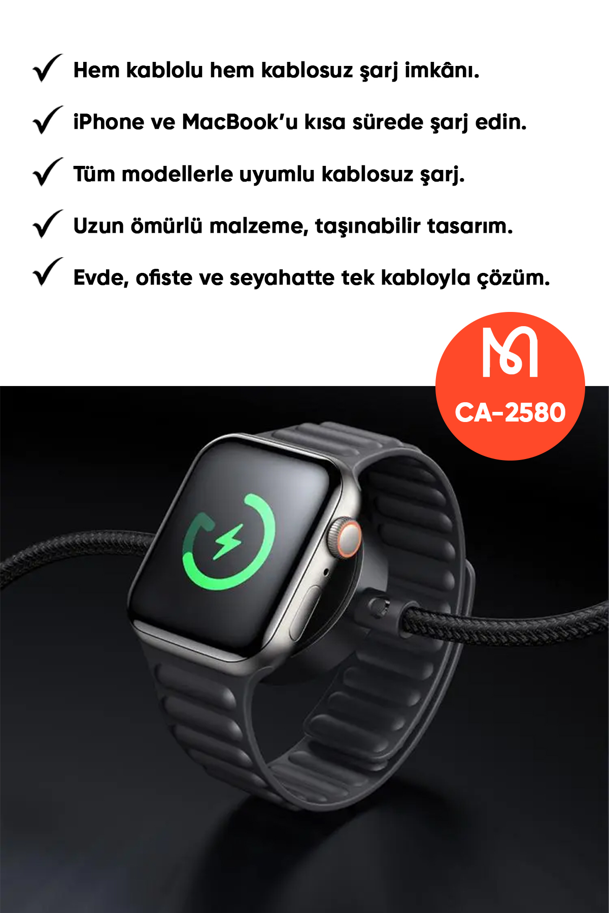 CA-2580 60W 1 TYPE-C VE 1 WATCH KABLOSUZ ŞARJ KABLOSU- SİYAH Afişi