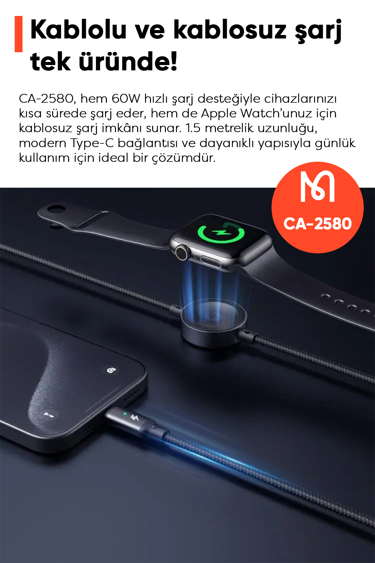 CA-2580 60W 1 TYPE-C VE 1 WATCH KABLOSUZ ŞARJ KABLOSU- SİYAH Afişi