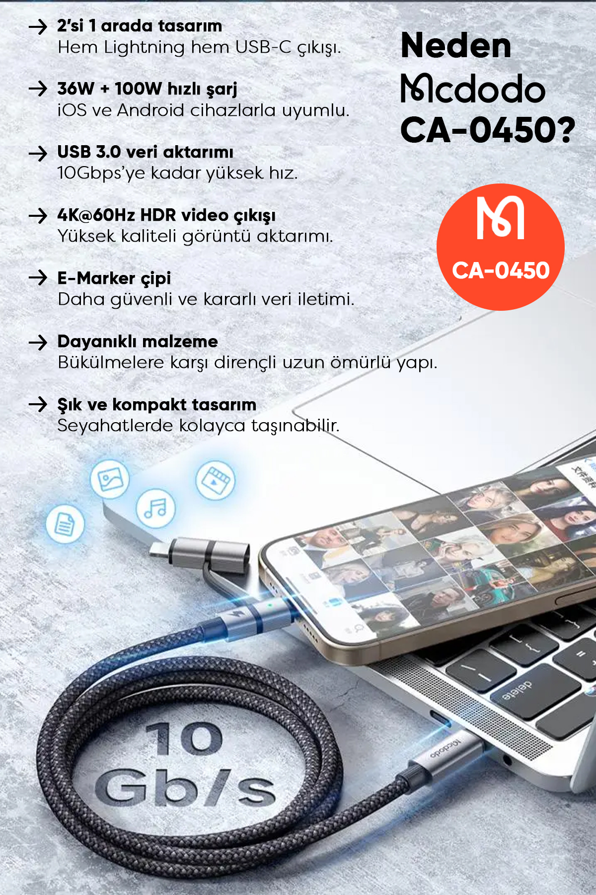 CA-0450 LIGHTNING PD 36W - TYPE-C 100W DESTEKLİ2 Sİ BİR ARADA ŞARJ KABLOSU 1.2M Afişi