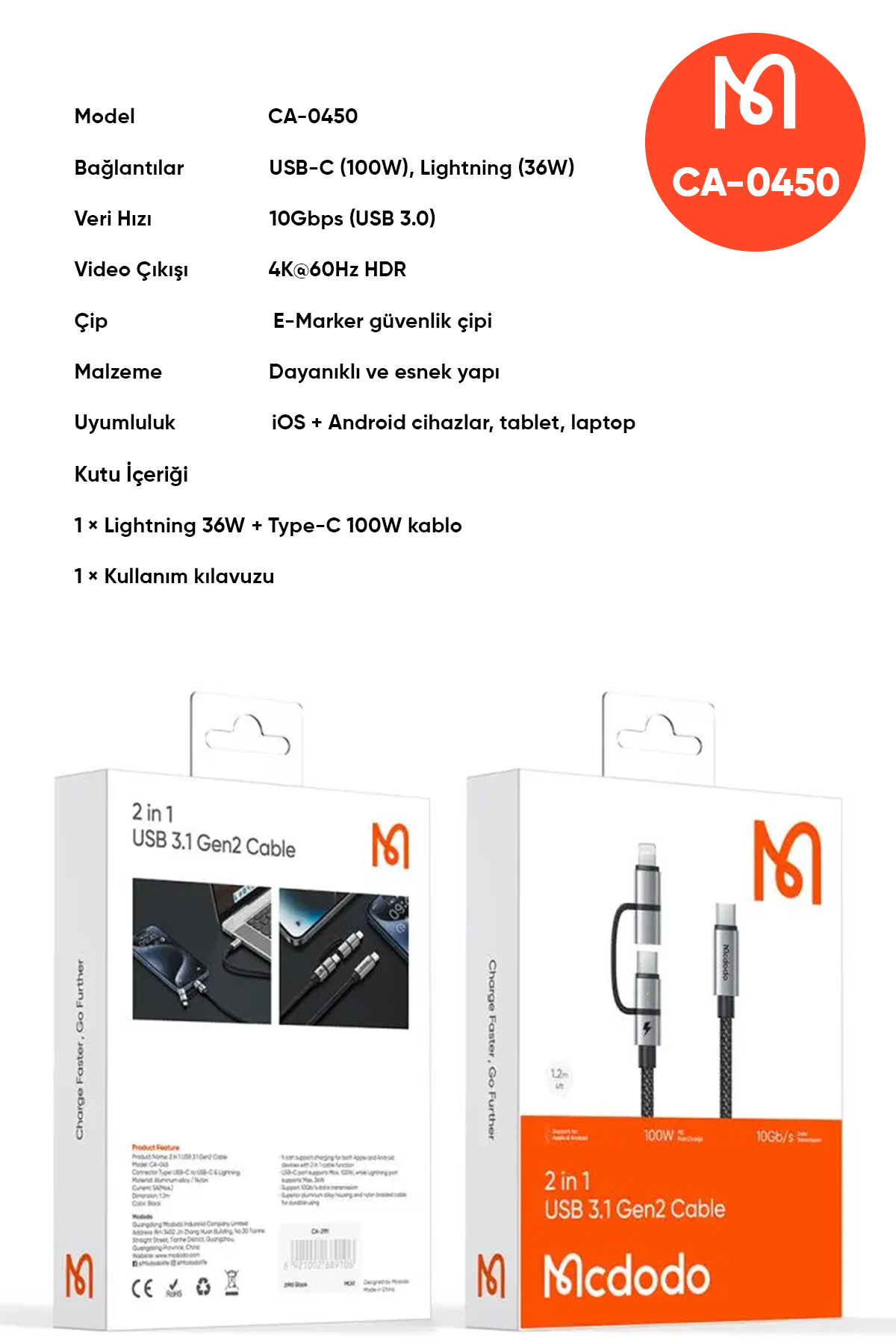 CA-0450 LIGHTNING PD 36W - TYPE-C 100W DESTEKLİ2 Sİ BİR ARADA ŞARJ KABLOSU 1.2M Afişi