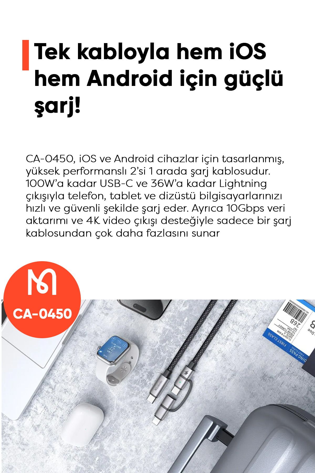 CA-0450 LIGHTNING PD 36W - TYPE-C 100W DESTEKLİ2 Sİ BİR ARADA ŞARJ KABLOSU 1.2M Afişi