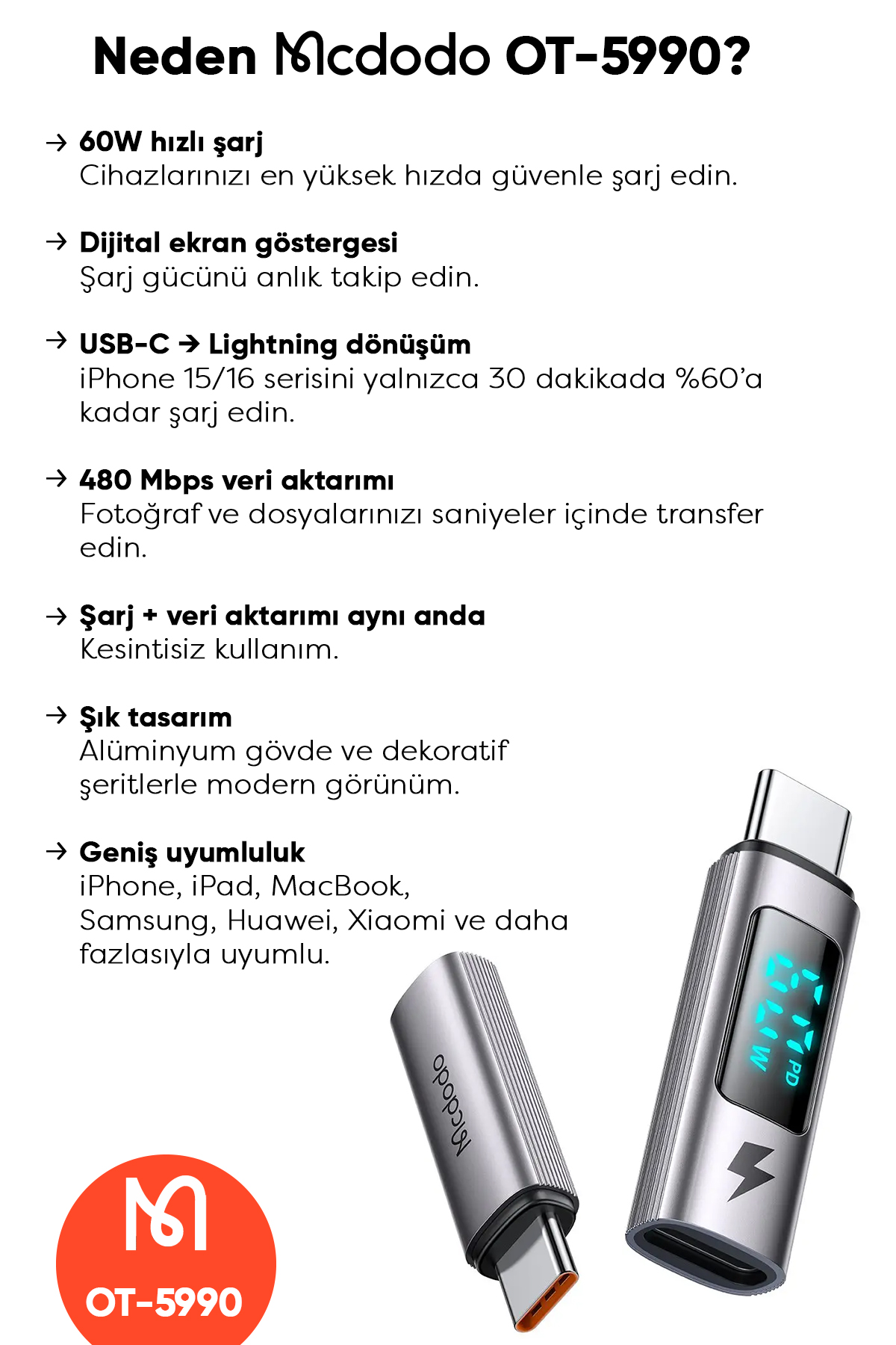 OT-5990 LIGHTNING TO USB-C 36W 3A DÖNÜŞTÜRÜCÜ ADAPTÖR- GRİ Afişi