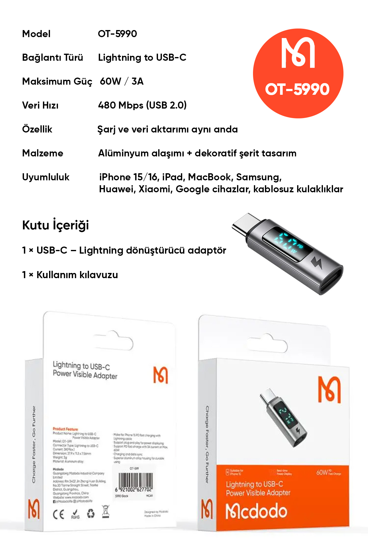 OT-5990 LIGHTNING TO USB-C 36W 3A DÖNÜŞTÜRÜCÜ ADAPTÖR- GRİ Afişi