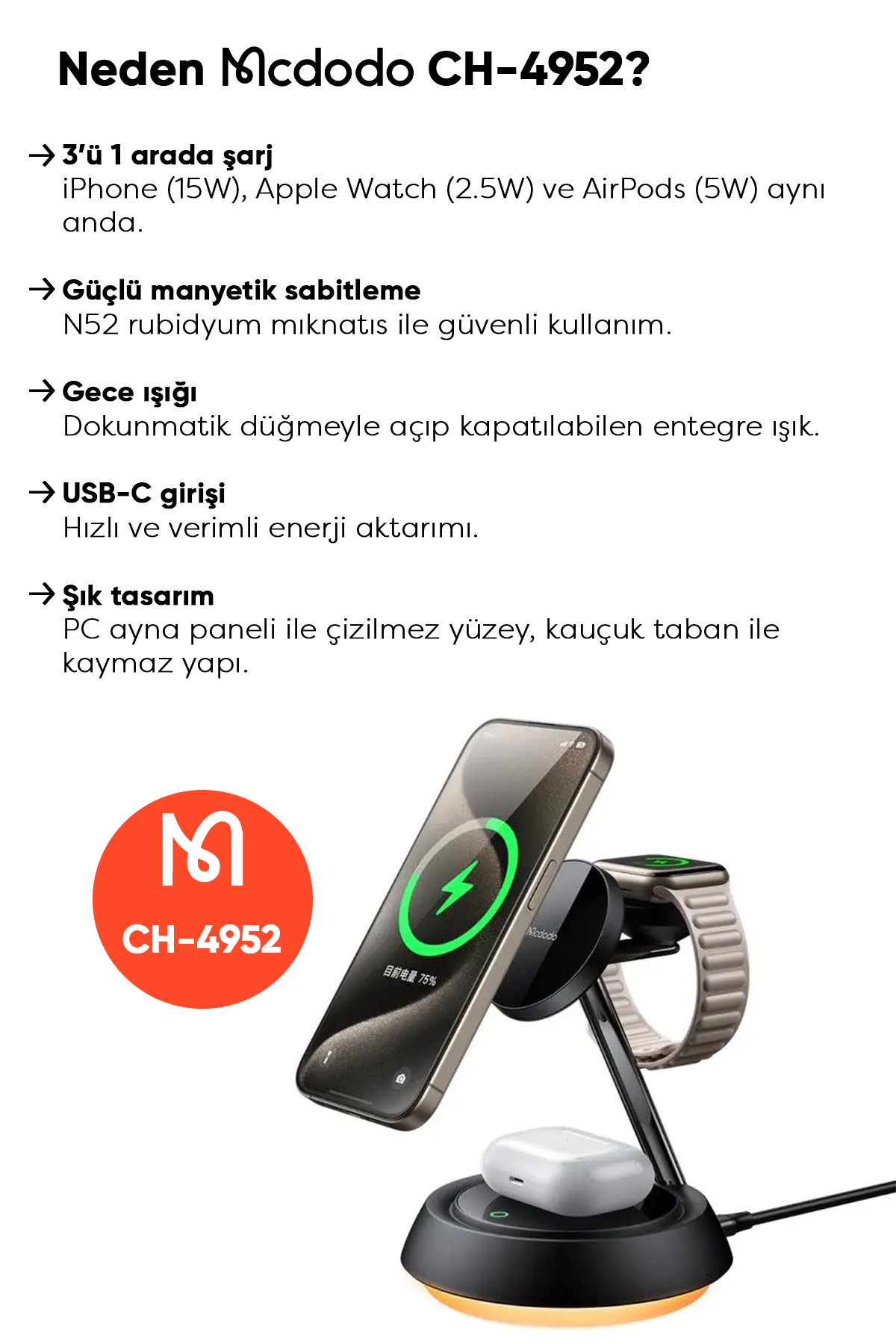 CH-4952 15W 3'ü 1 Arada  Manyetik Kablosuz Şarj Standı - Siyah Afişi