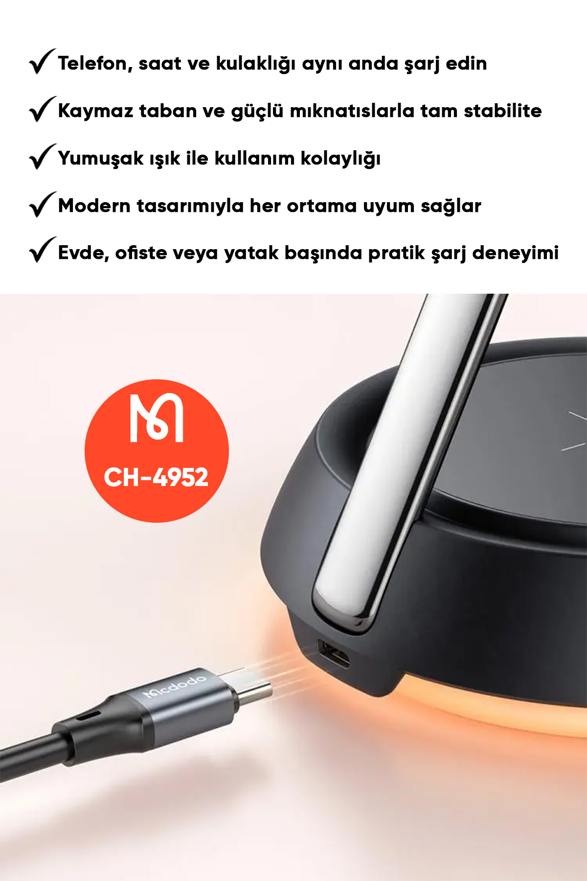 CH-4952 15W 3'ü 1 Arada  Manyetik Kablosuz Şarj Standı - Siyah Afişi