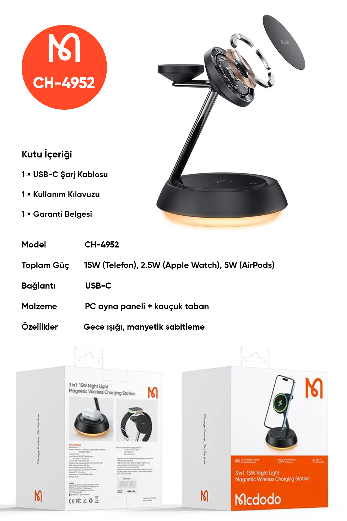 CH-4952 15W 3'ü 1 Arada  Manyetik Kablosuz Şarj Standı - Siyah Afişi
