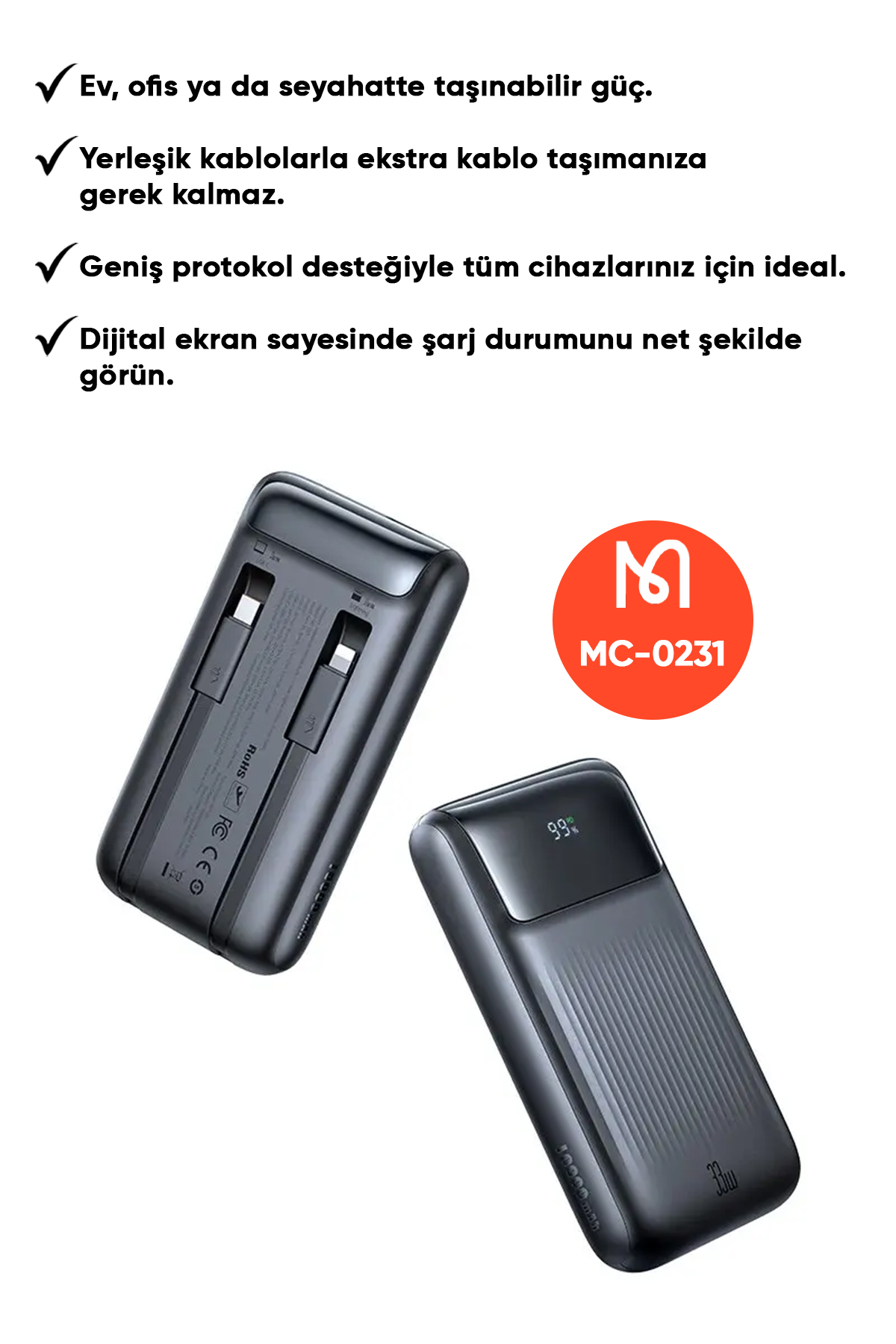 MC-0231 10.000 mAh 33W ŞARJ GÖSTERGELİ ÇİFT KABLOLU POWERBANK- SİYAH Afişi